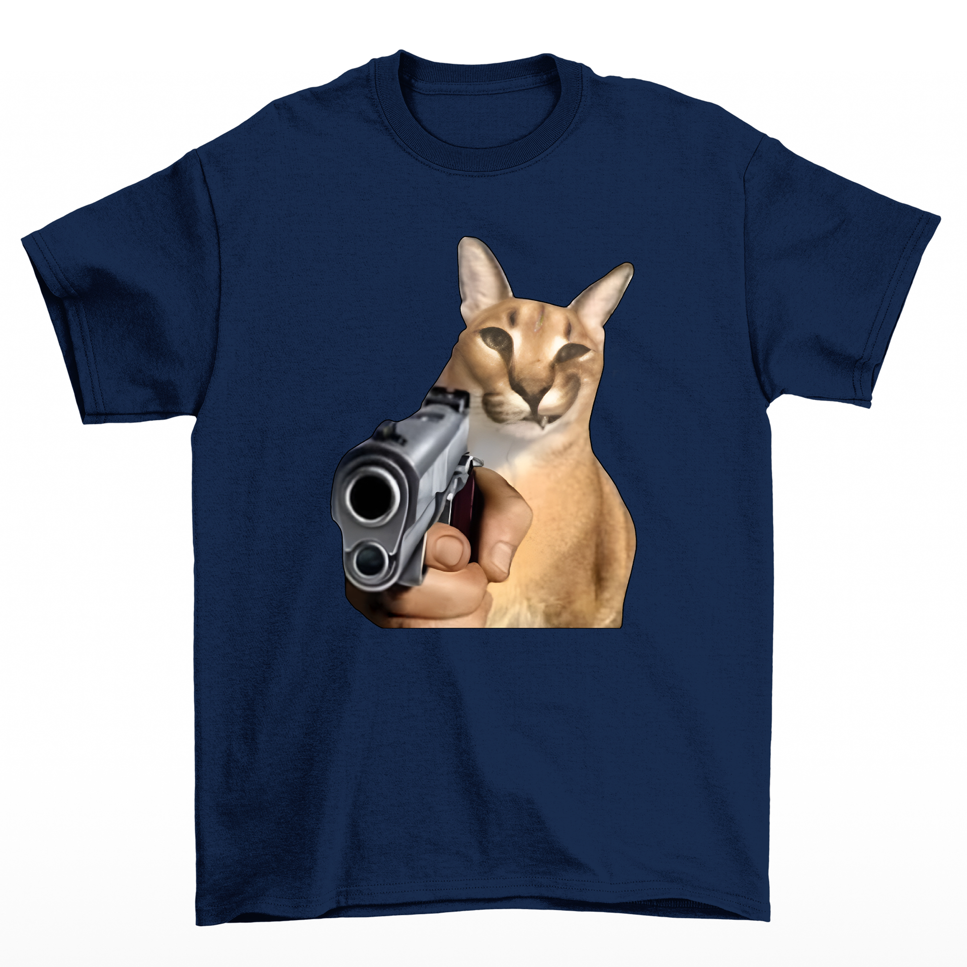 Camiseta básica com estampa gato segurando arma- Azul-marinho