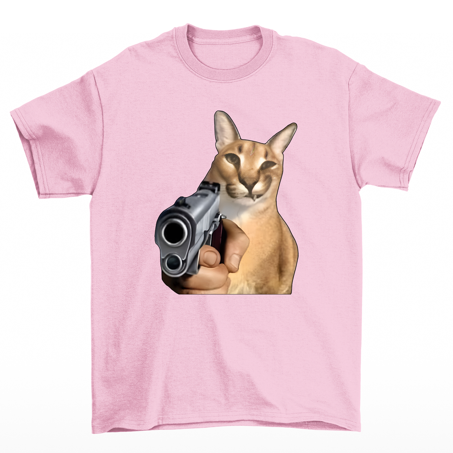 Camiseta básica com estampa gato segurando arma- Rosa bebe