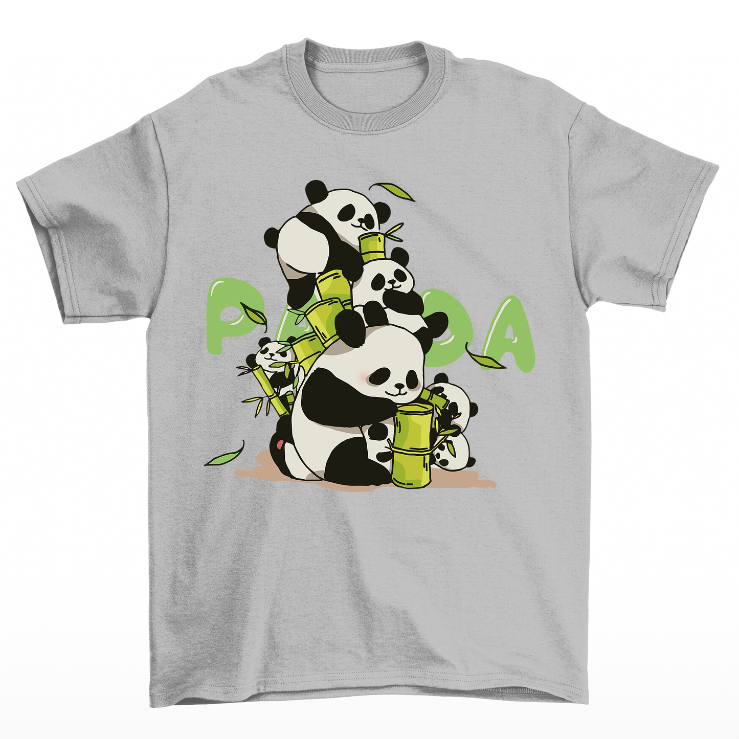 Camiseta Básica Unissex Com Estampa Família De Panda Comendo Bambu - cinza