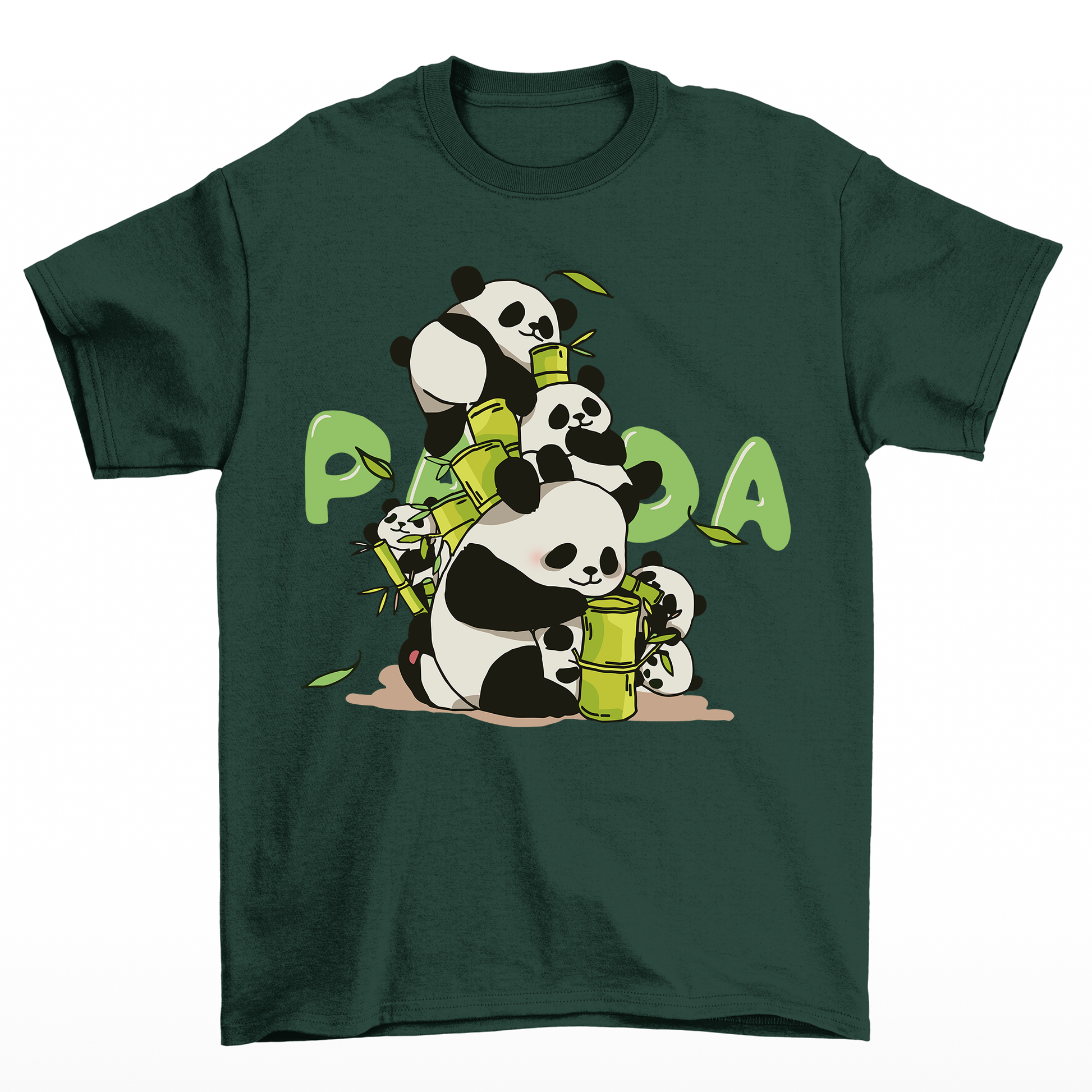 Camiseta Básica Unissex Com Estampa Família De Panda Comendo Bambu - Verde