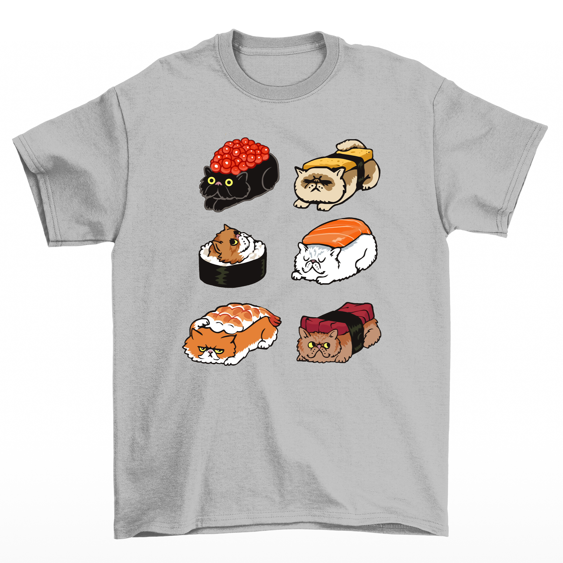 Camiseta básica com estampa gatinhos sushi- Cinza