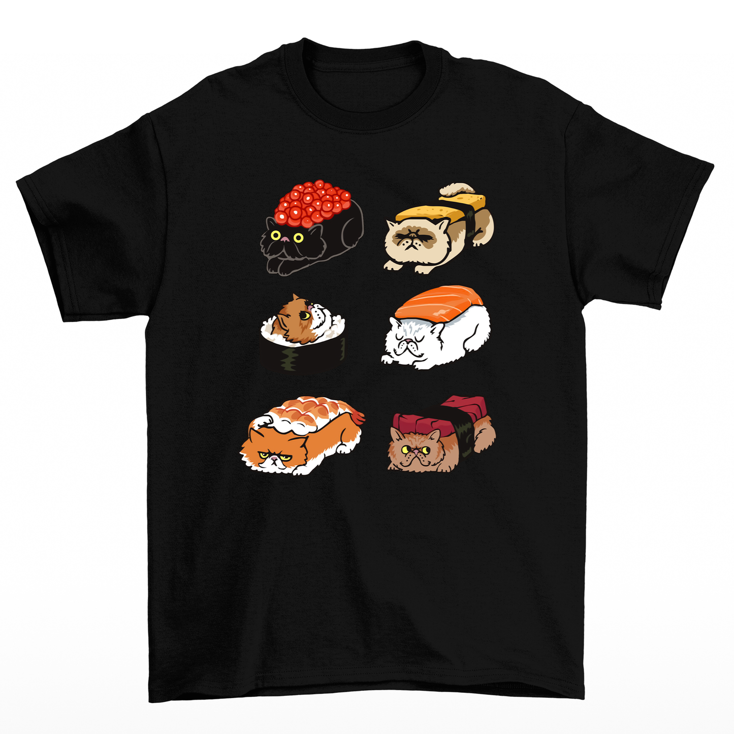 Camiseta básica com estampa gatinhos sushi- Preto