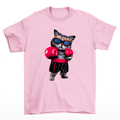 Camiseta básica com estampa de gato com luvas de boxe- Rosa bebe