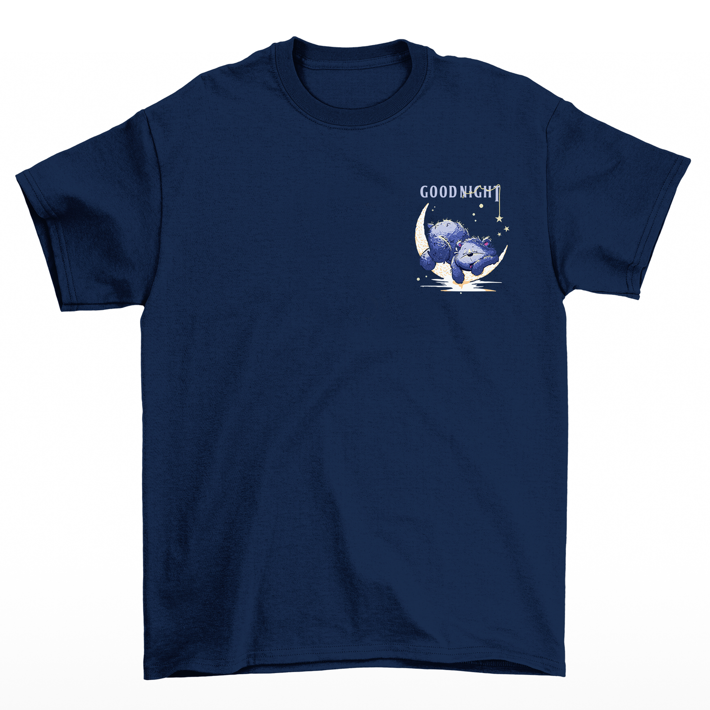 Camiseta básica com estampa ursinho dormindo na lua azul marinho