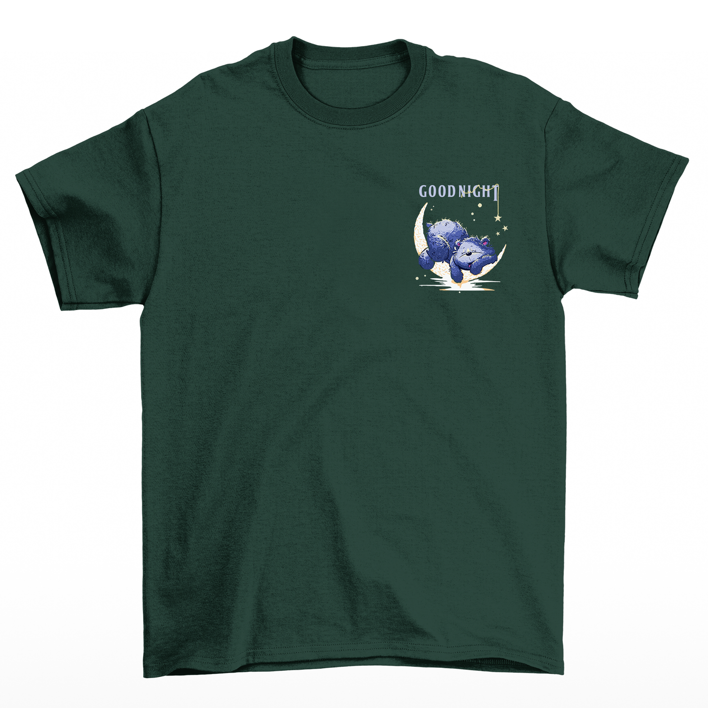 Camiseta básica com estampa ursinho dormindo na lua verde