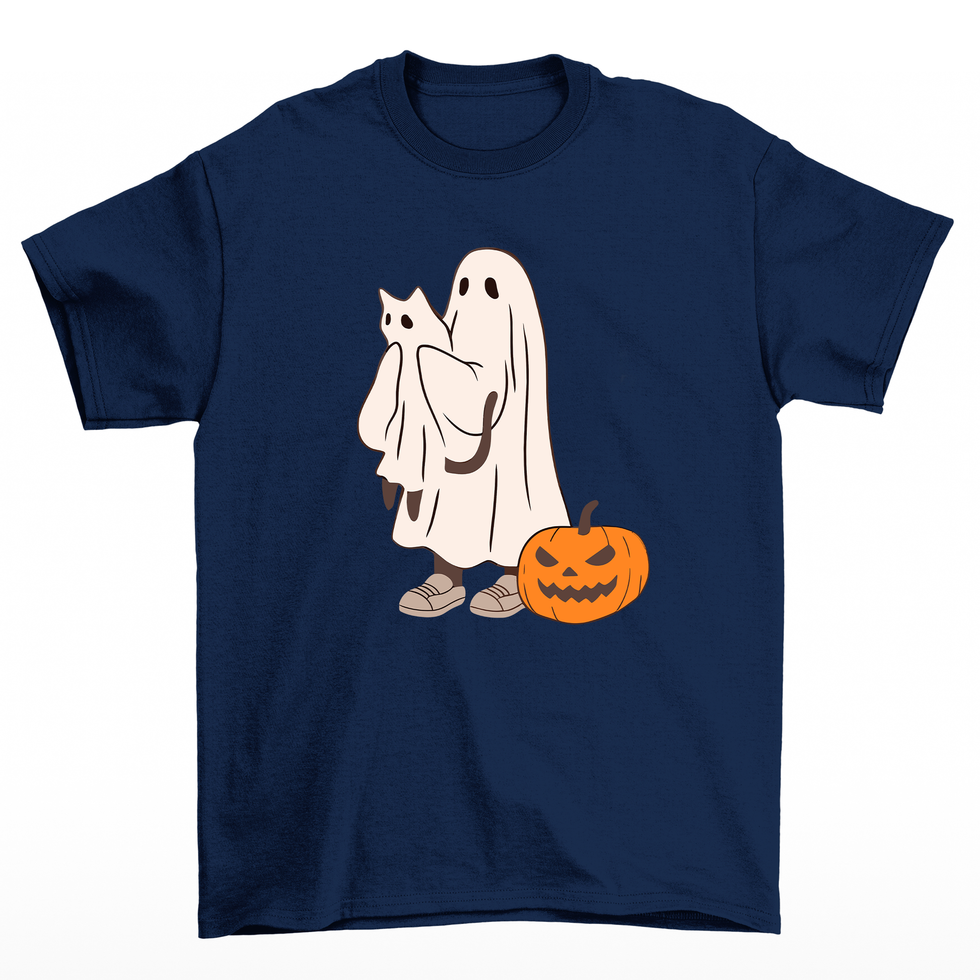 Camiseta Básica Com Estampa Fantasma Gatinho e Abobora- AZUL-MARINHO