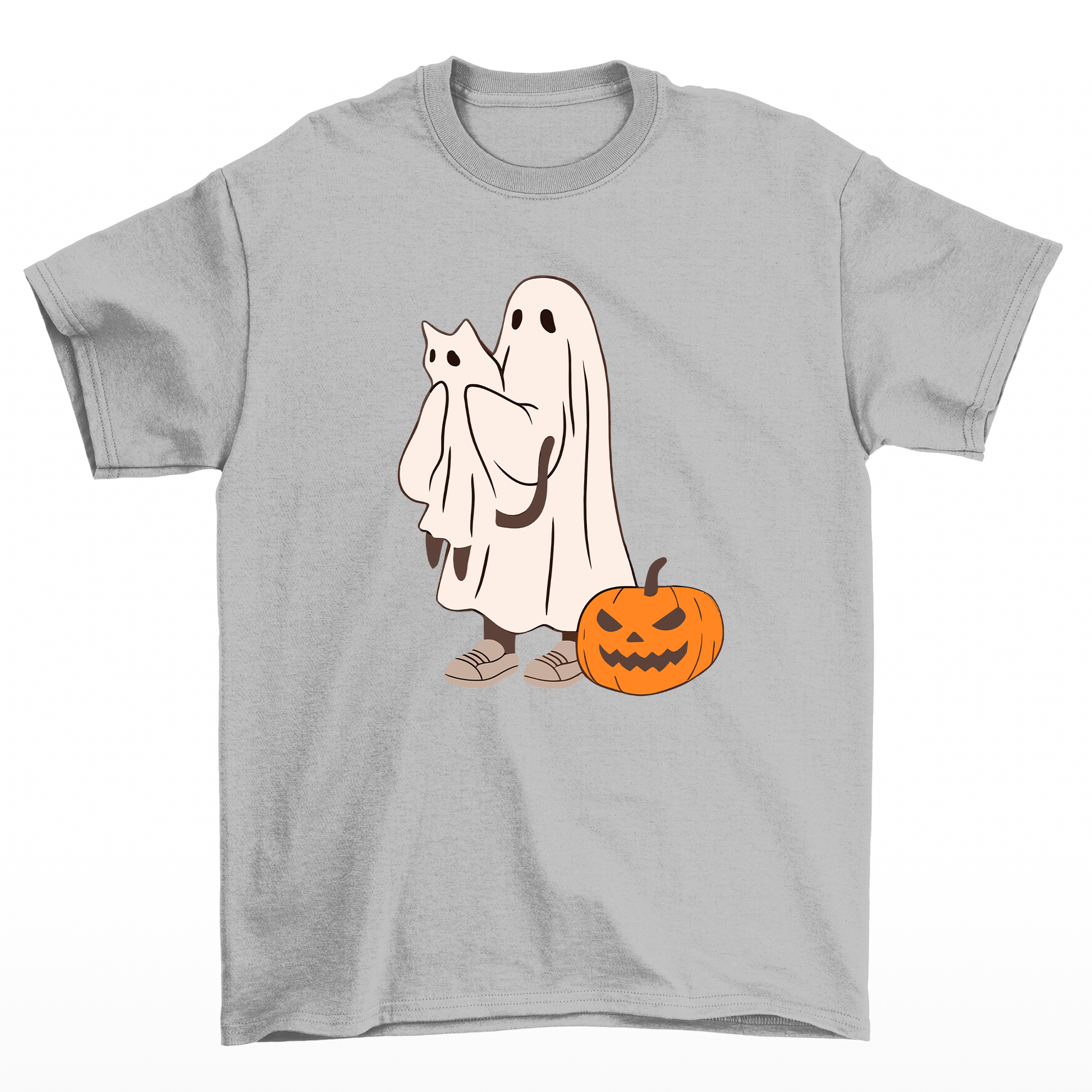 Camiseta Básica Com Estampa Fantasma Gatinho e Abobora- CINZA