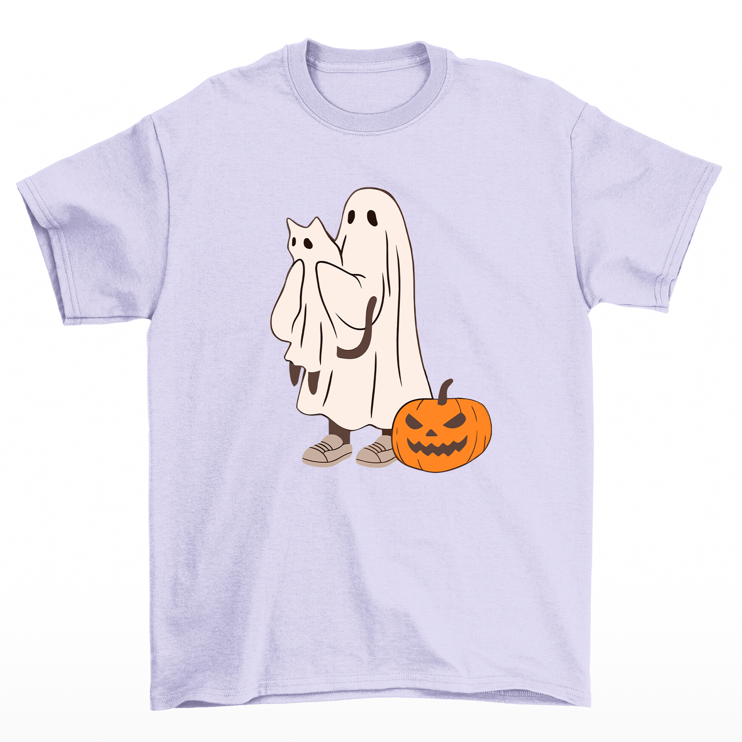 Camiseta Básica Com Estampa Fantasma Gatinho e Abobora- LILÁS