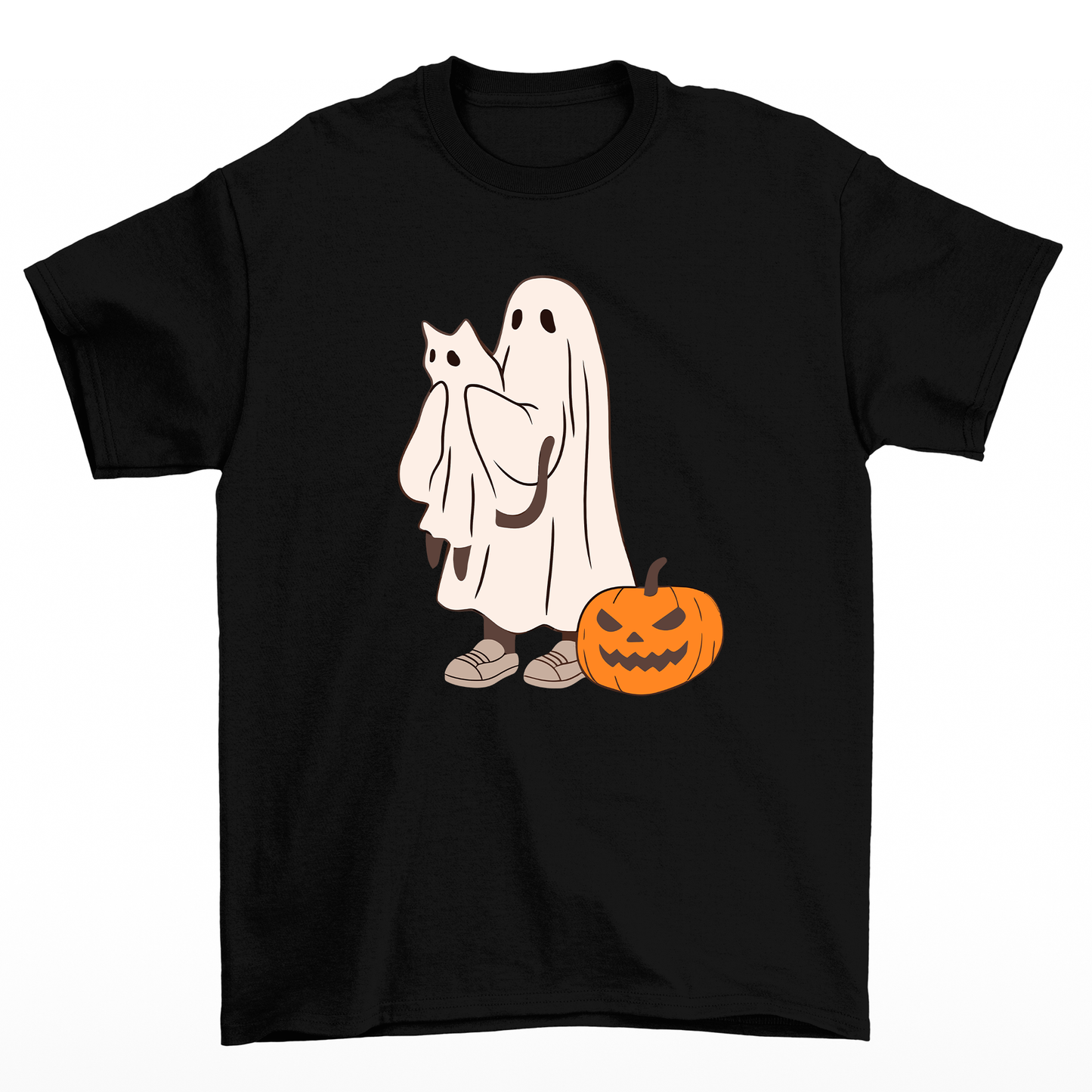 Camiseta Básica Com Estampa Fantasma Gatinho e Abobora- PRETO