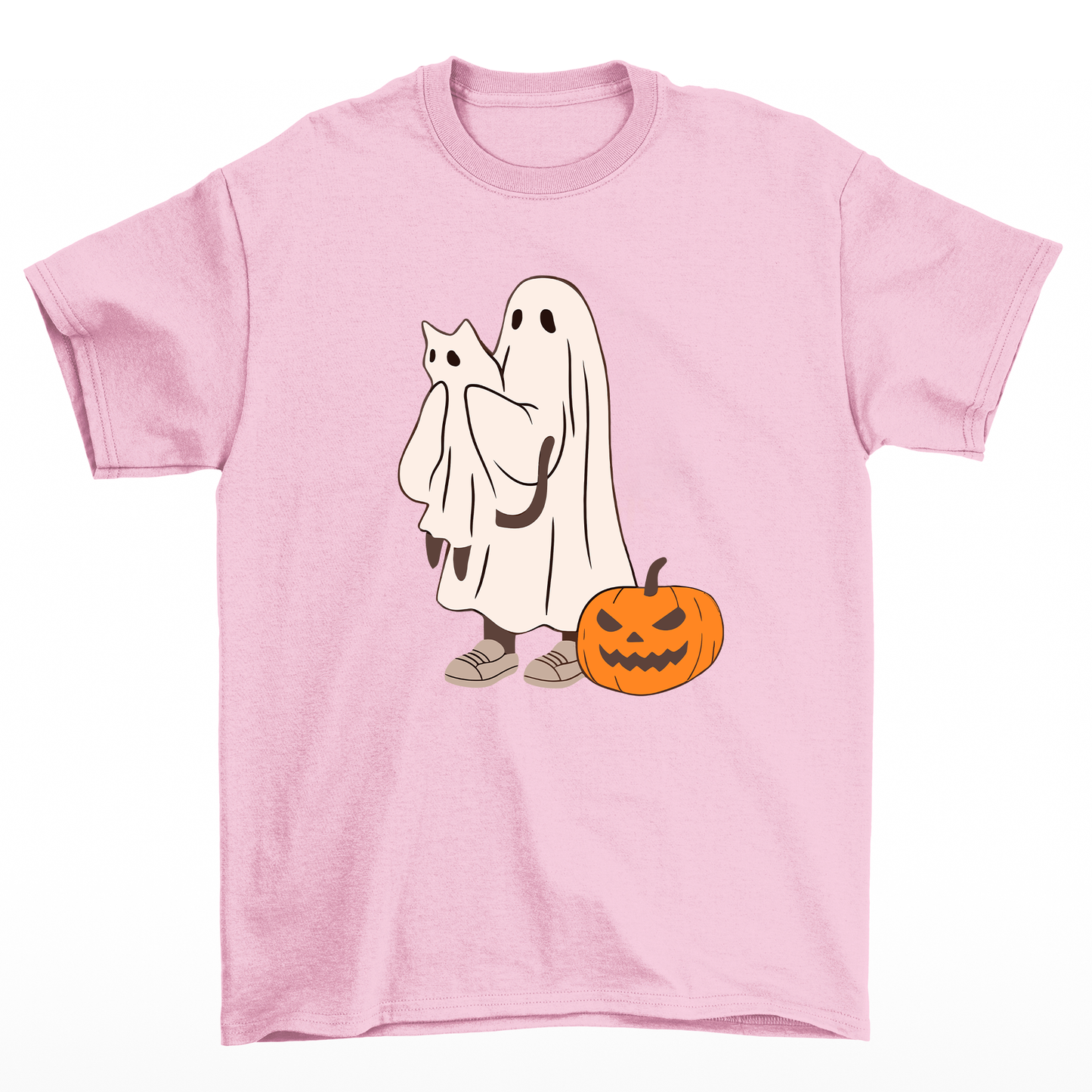 Camiseta Básica Com Estampa Fantasma Gatinho e Abobora- ROSA BEBE