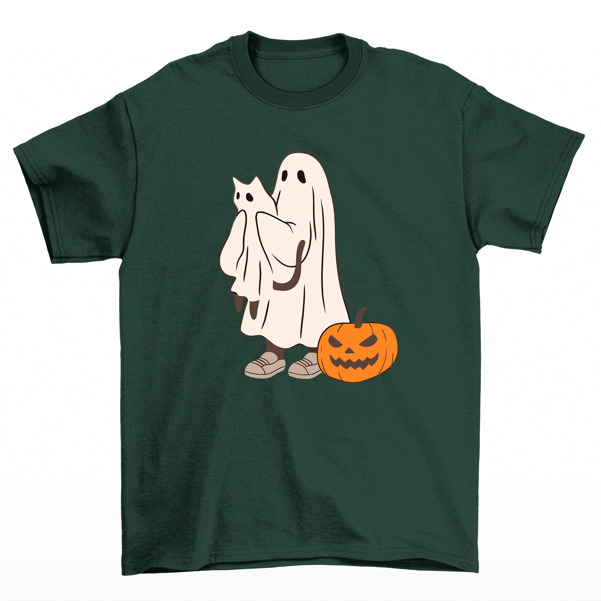 Camiseta Básica Com Estampa Fantasma Gatinho e Abobora- VERDE