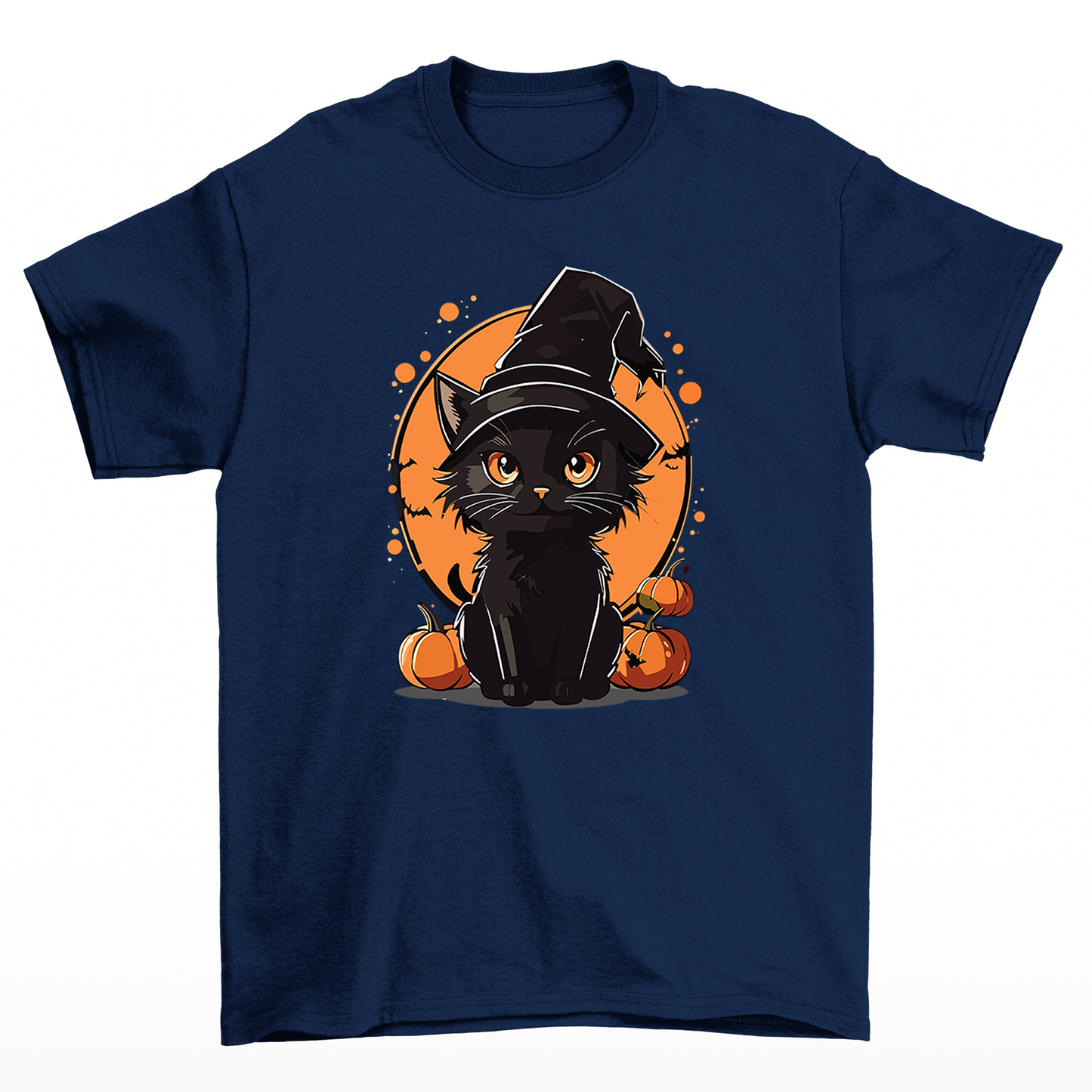 Camiseta Básica Com Estampa Gatinho Bruxa- Azul-marinho