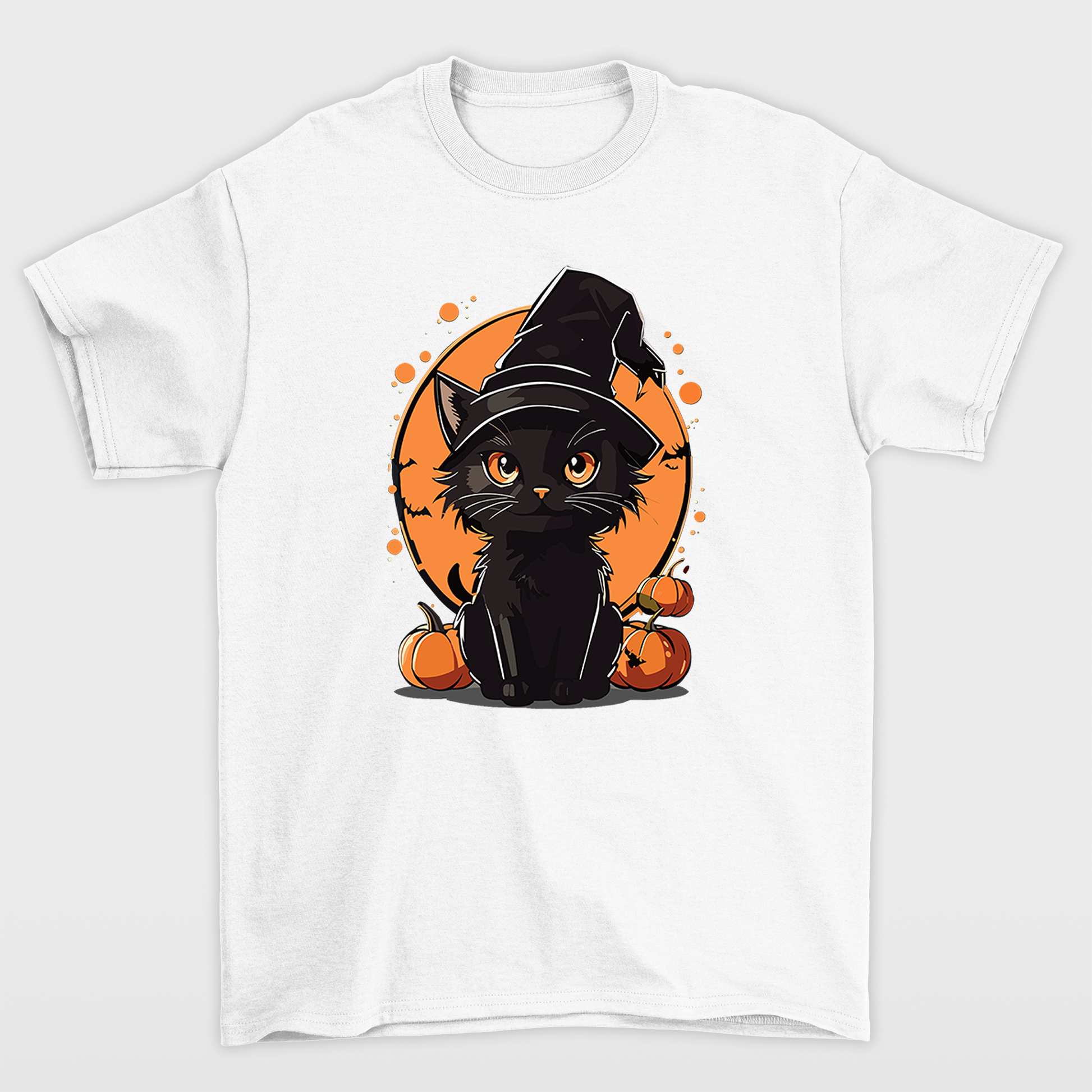 Camiseta Básica Com Estampa Gatinho Bruxa- Branco