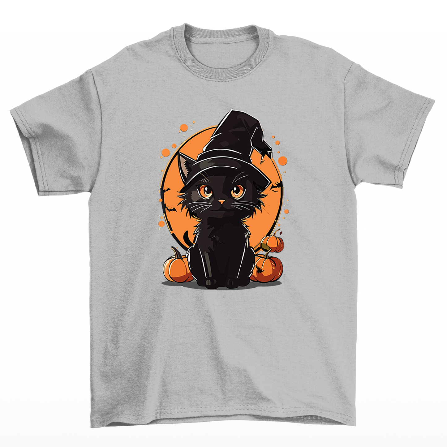 Camiseta Básica Com Estampa Gatinho Bruxa- Cinza