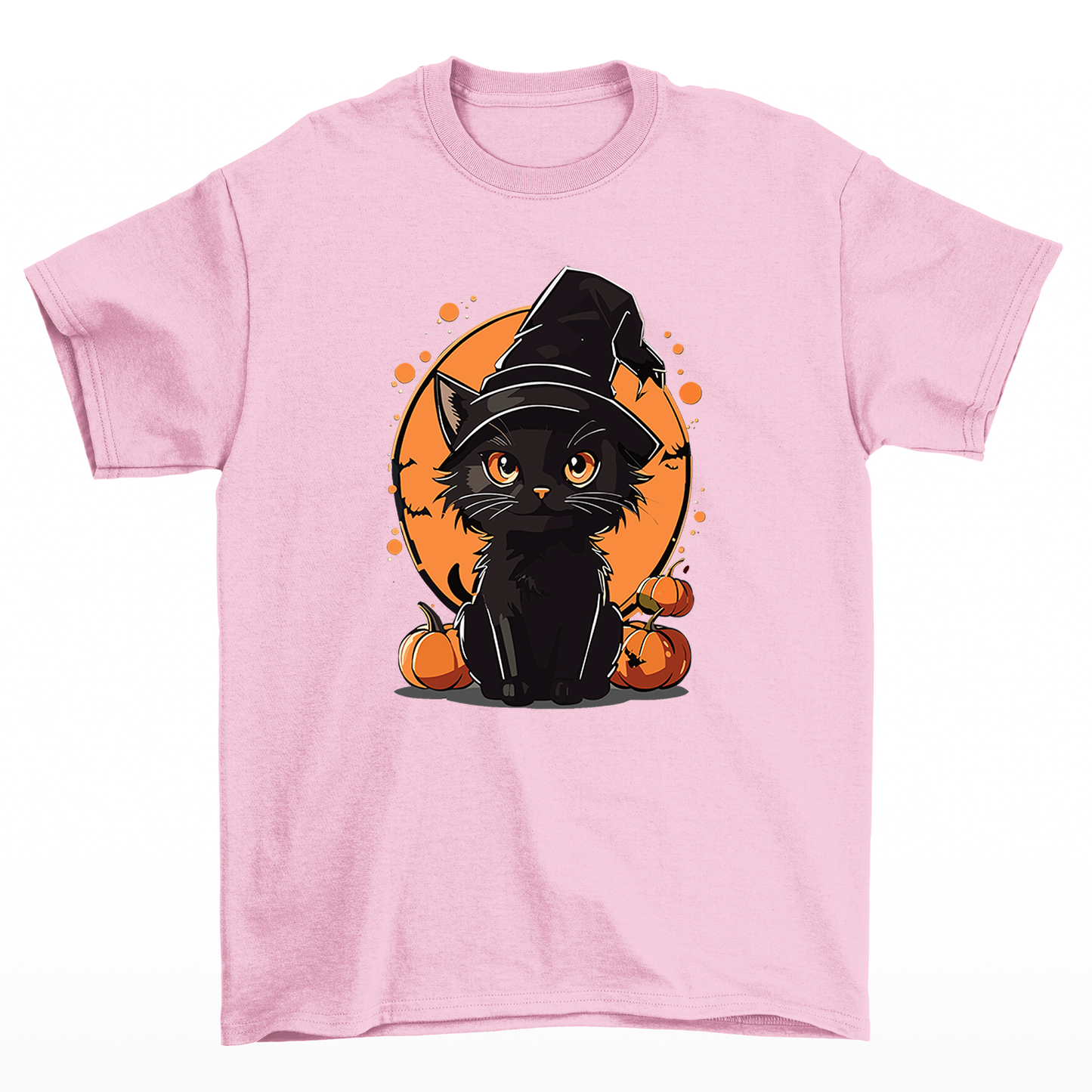 Camiseta Básica Com Estampa Gatinho Bruxa- Rosa bebe