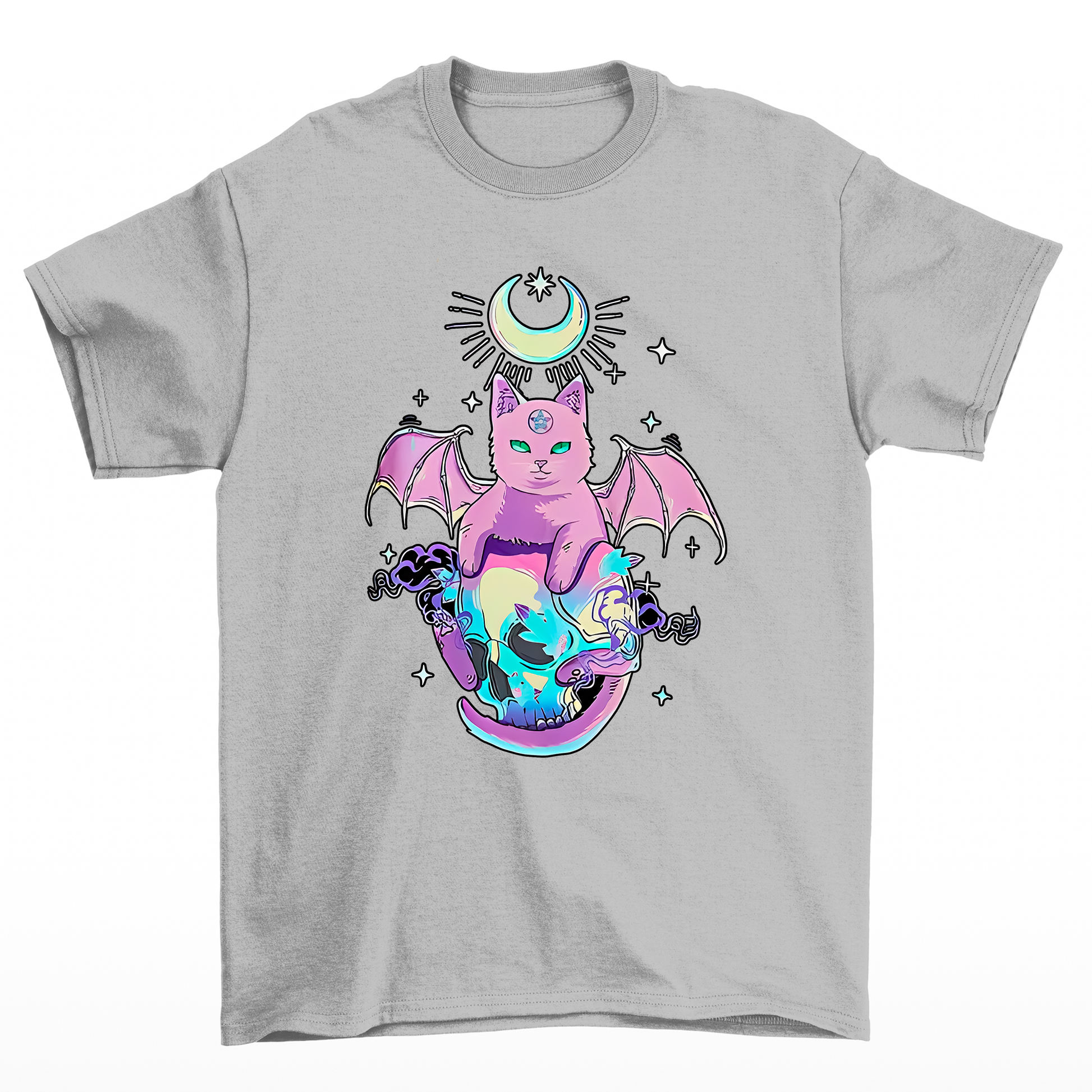 Camiseta Básica Feminina Com Estampa Gatinho Asas De Morcego Esqueleto- CINZA