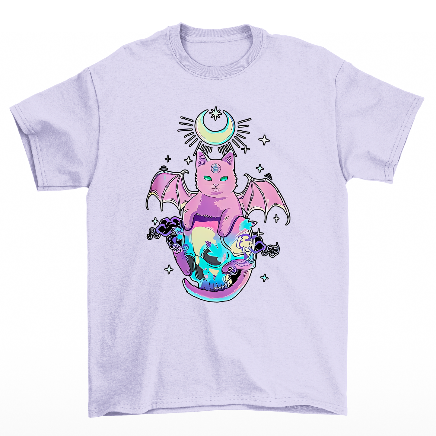 Camiseta Básica Feminina Com Estampa Gatinho Asas De Morcego Esqueleto- LILÁS