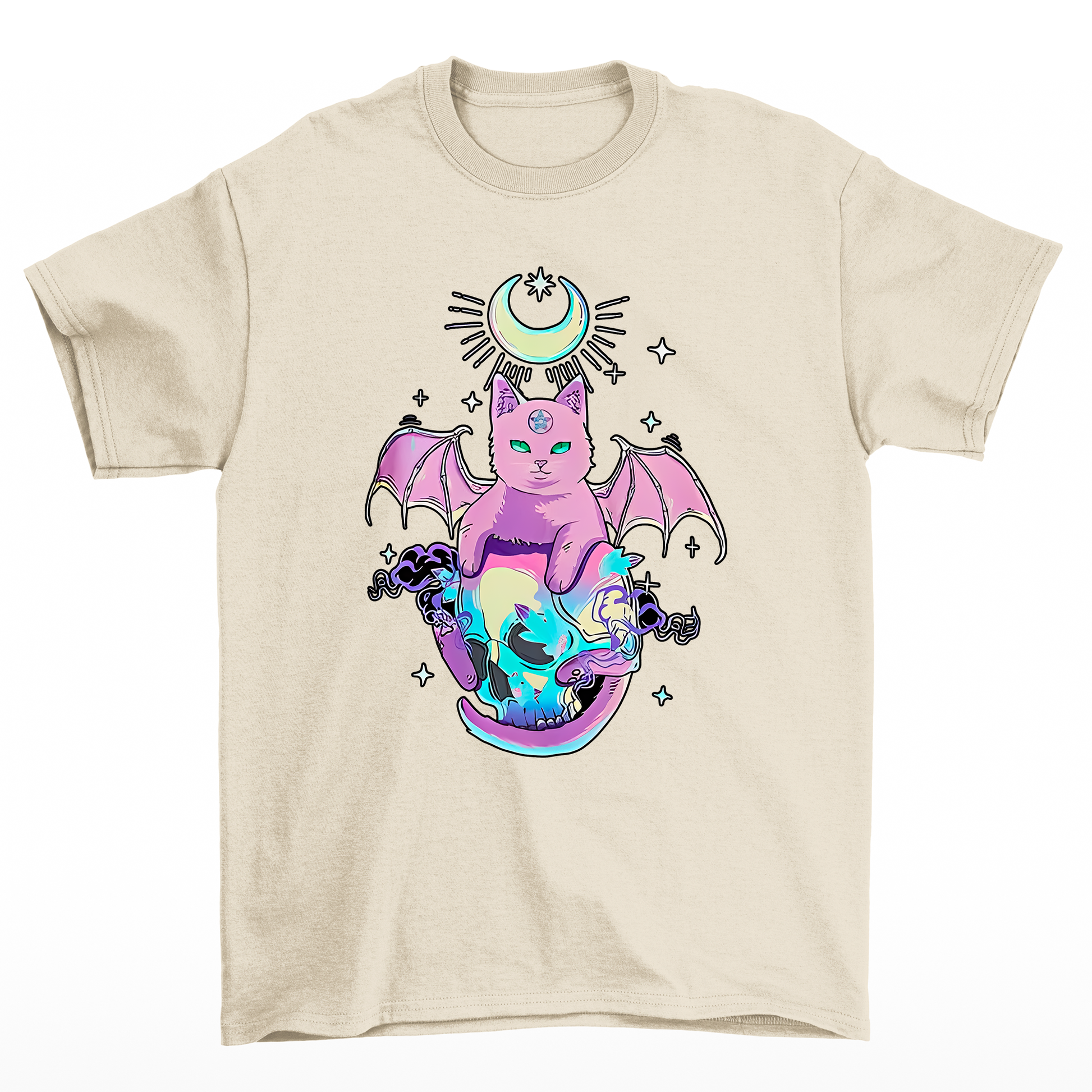 Camiseta Básica Feminina Com Estampa Gatinho Asas De Morcego Esqueleto- PÉROLA