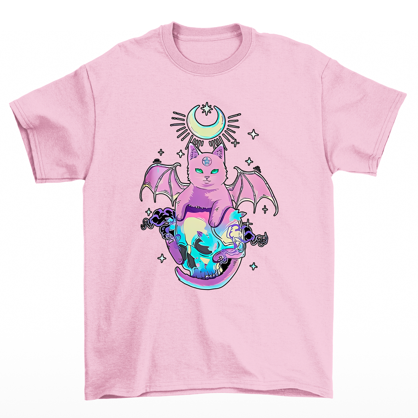 Camiseta Básica Feminina Com Estampa Gatinho Asas De Morcego Esqueleto- ROSA BEBE