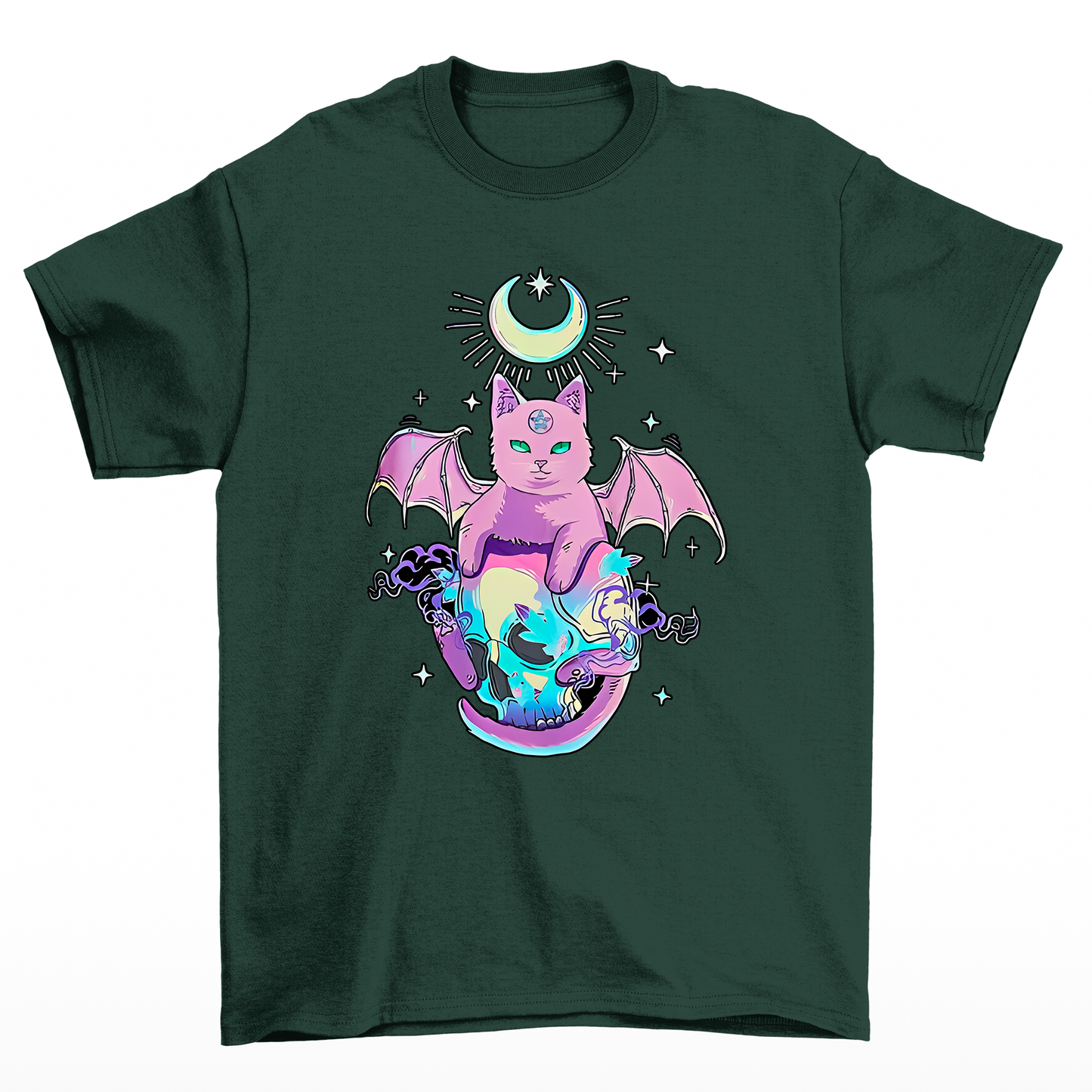 Camiseta Básica Feminina Com Estampa Gatinho Asas De Morcego Esqueleto- VERDE