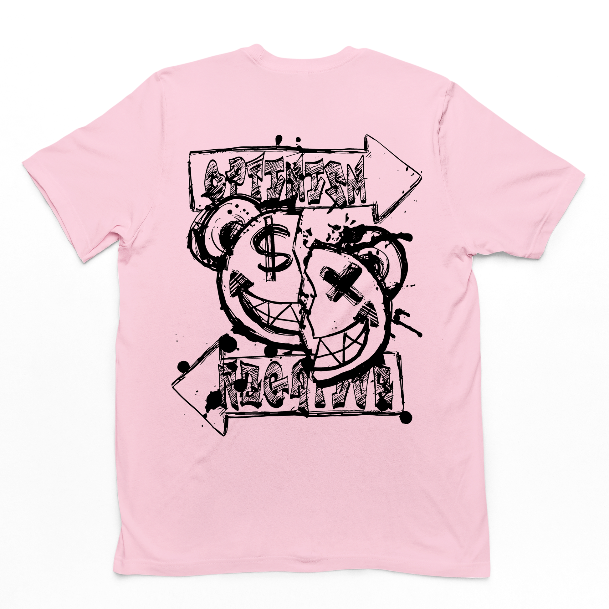 Camiseta frente na cor rosa bebê com uma estampa nas costas um emoji feliz de urso rasgado ao meio money e x nos olhos