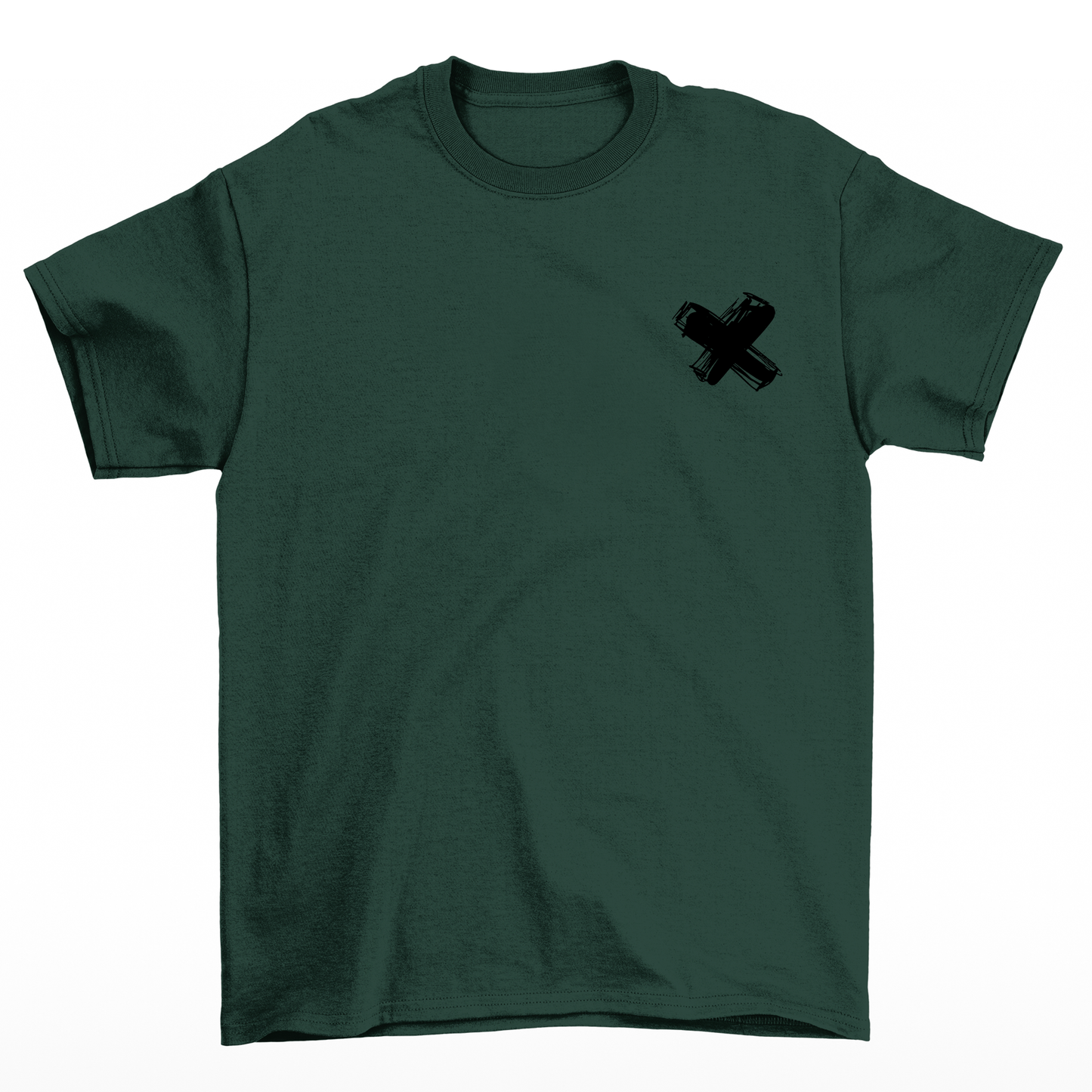 Camiseta frente na cor verde com uma estampa no peito de X 