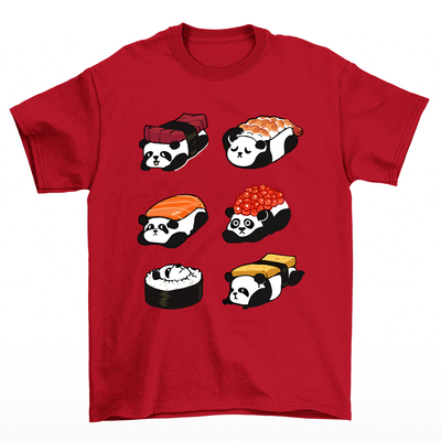 Camiseta básica com pandas dentro de sushis comida japonesas