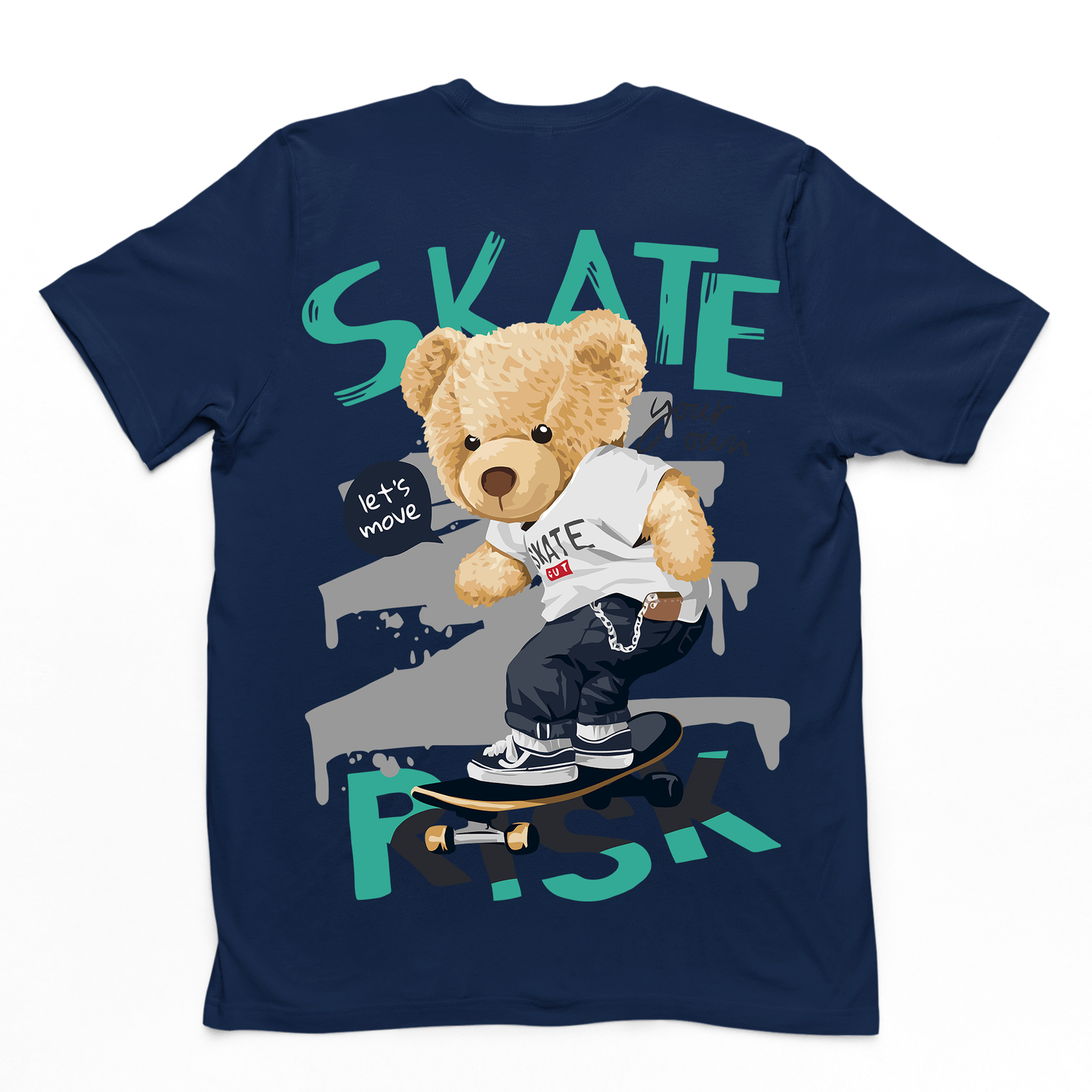 Camiseta Básica Urso no Skate com Estilo Street -Azul- marinho