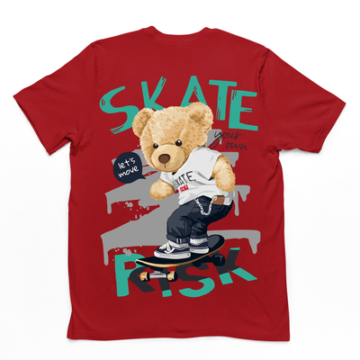 Camiseta Básica Urso no Skate com Estilo Street - Vermelho