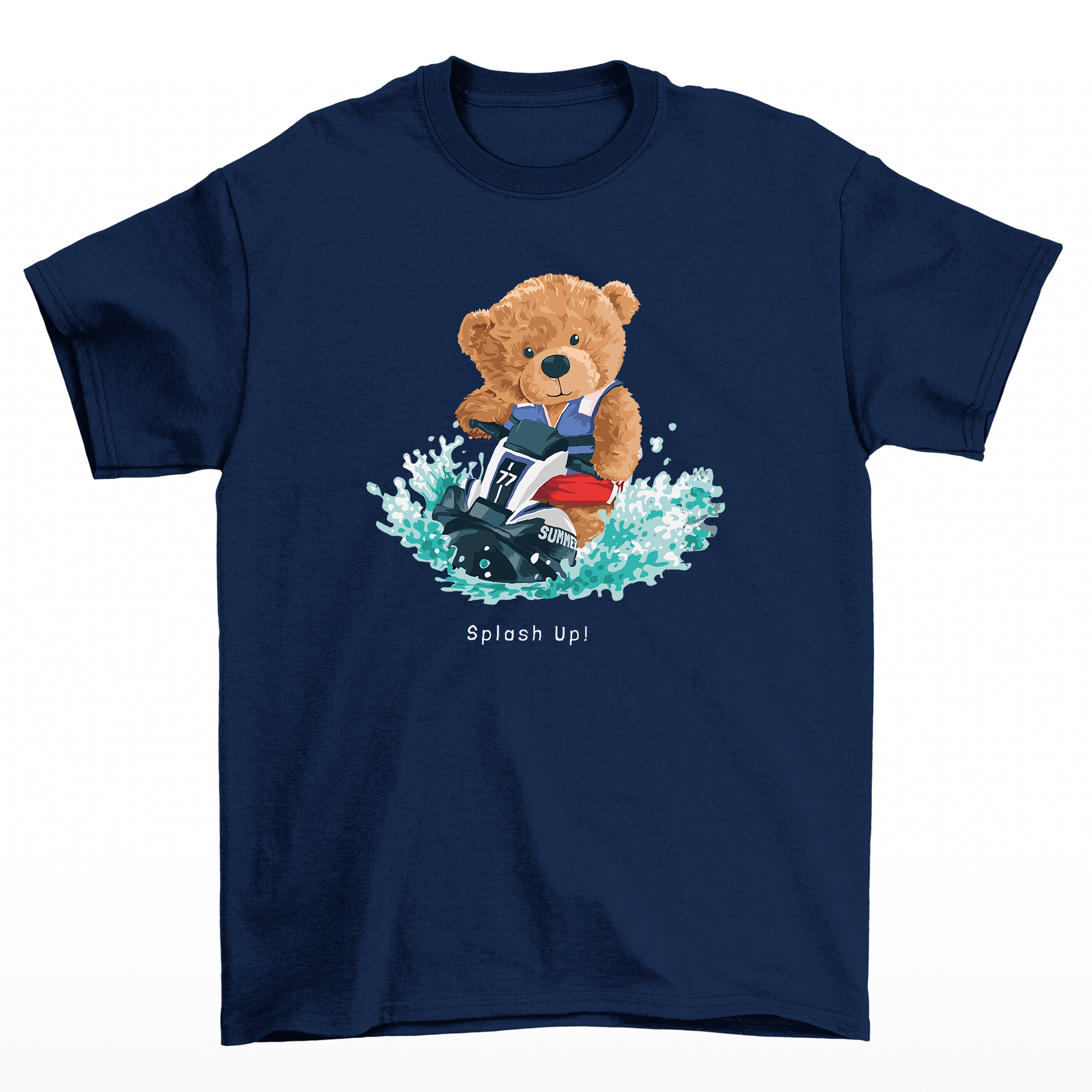 Camiseta Básica azul marinho Unissex Com Estampa Urso No Jet Ski