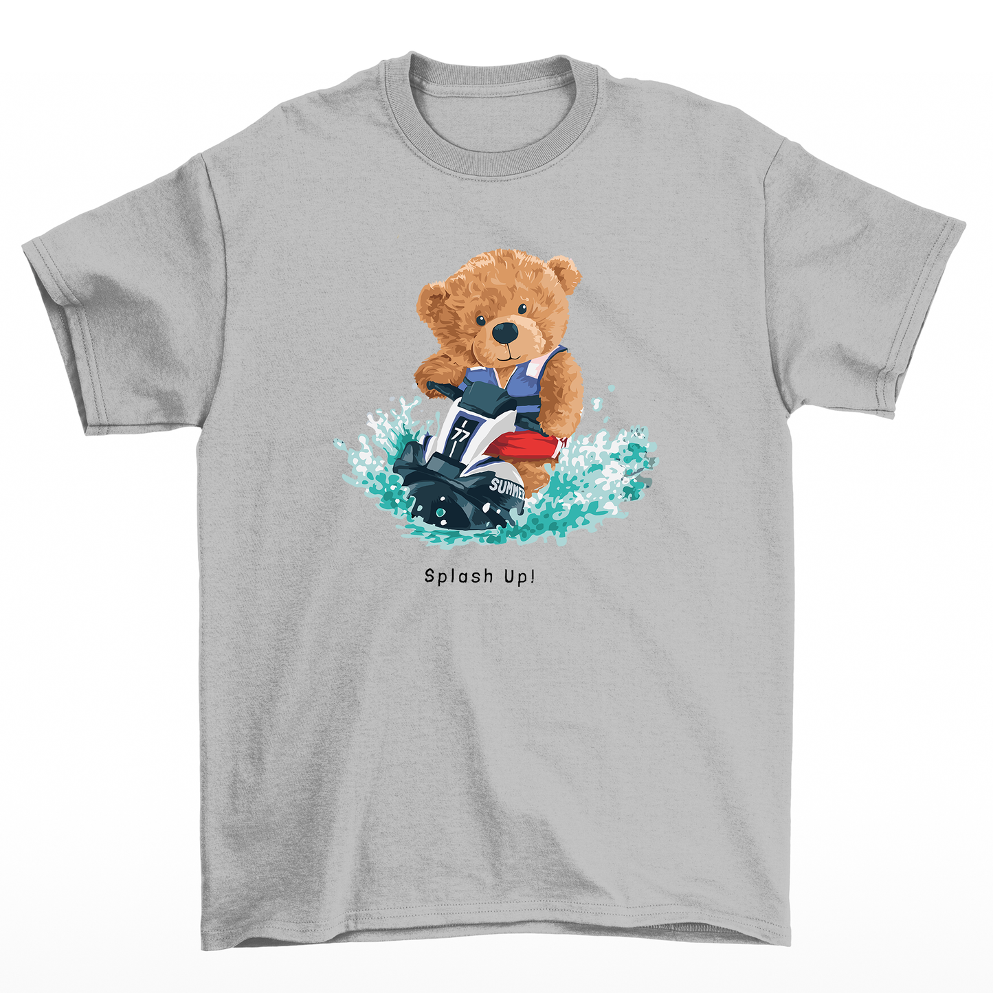 Camiseta Básica cinza Unissex Com Estampa Urso No Jet Ski