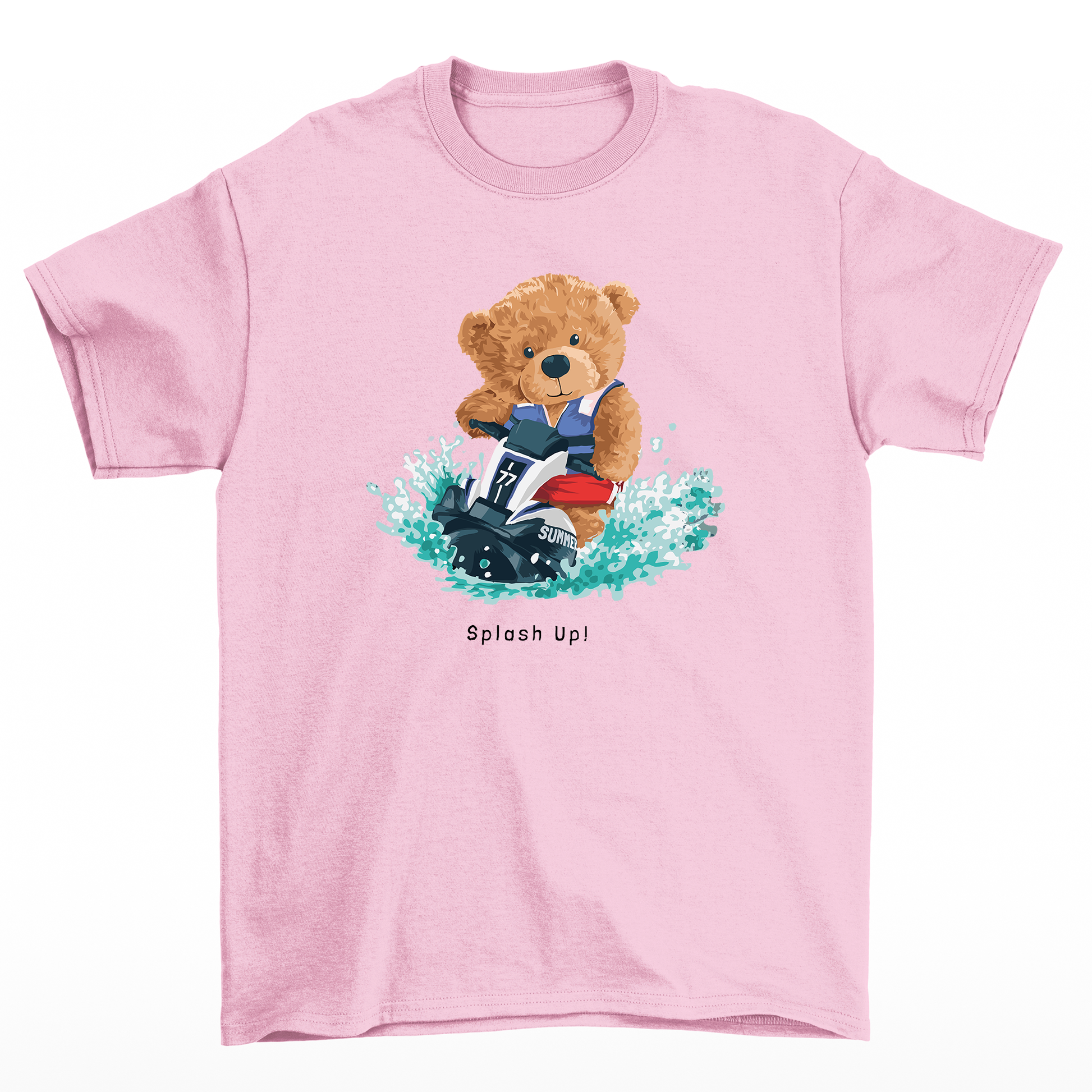 Camiseta Básica rosa bebê Unissex Com Estampa Urso No Jet Ski