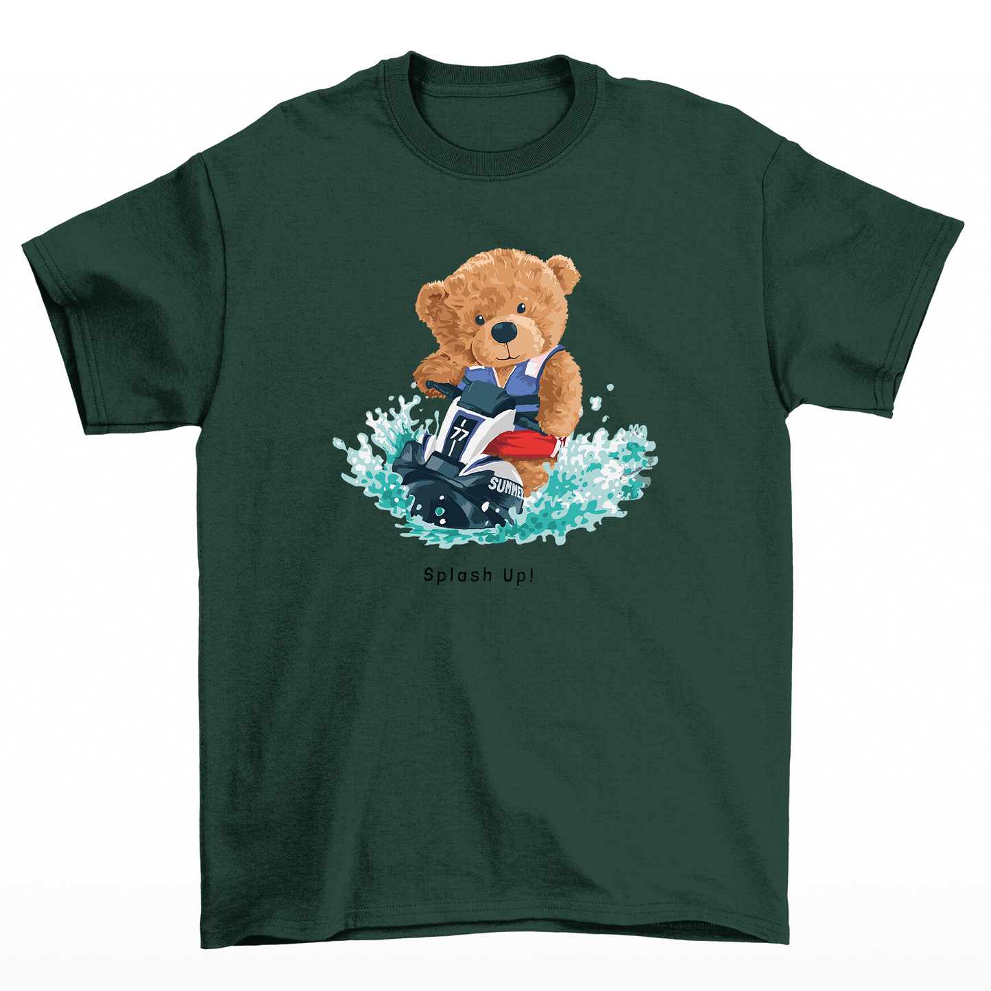 Camiseta Básica verde Unissex Com Estampa Urso No Jet Ski