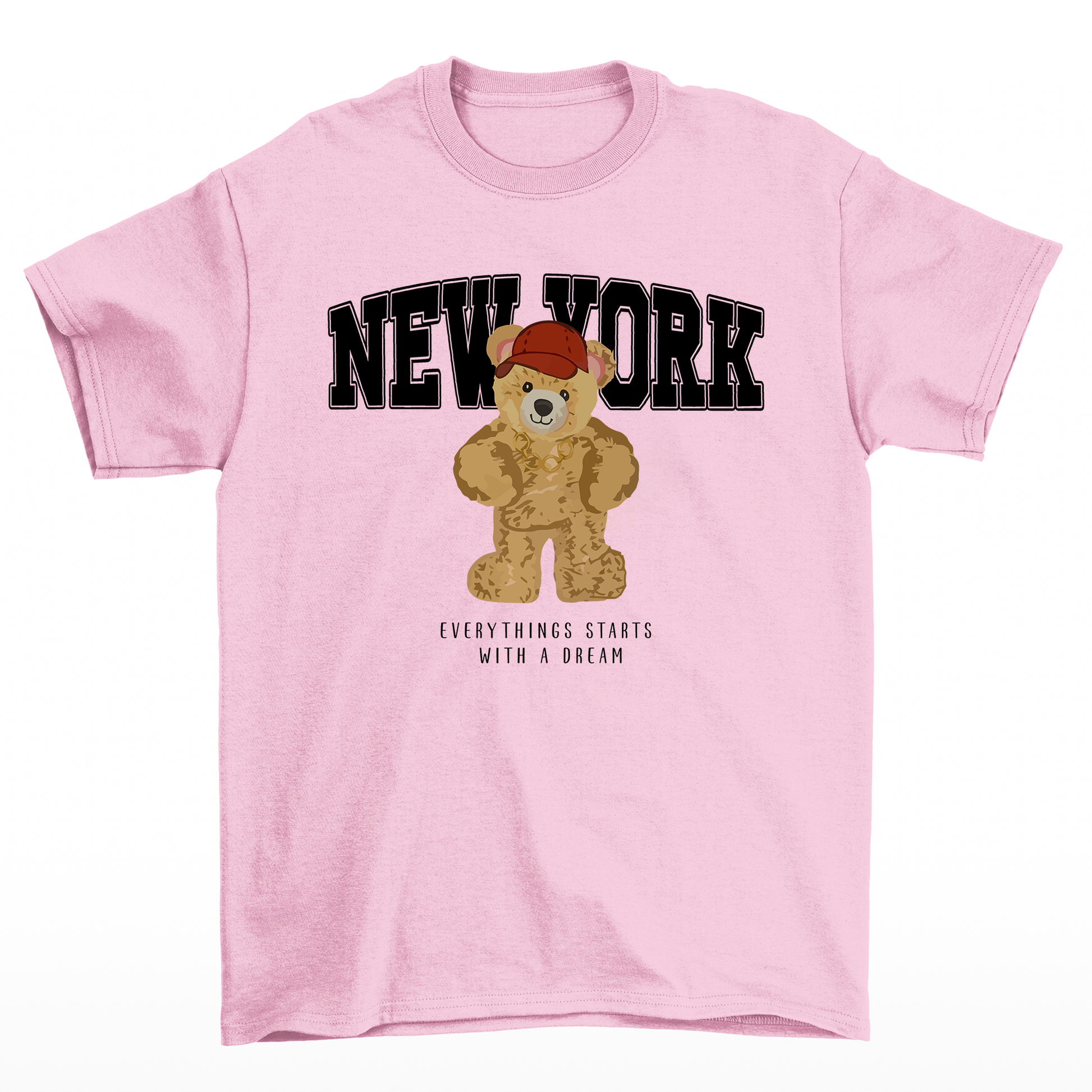 camiseta feminina rosa bebê com estampa ursinho new york