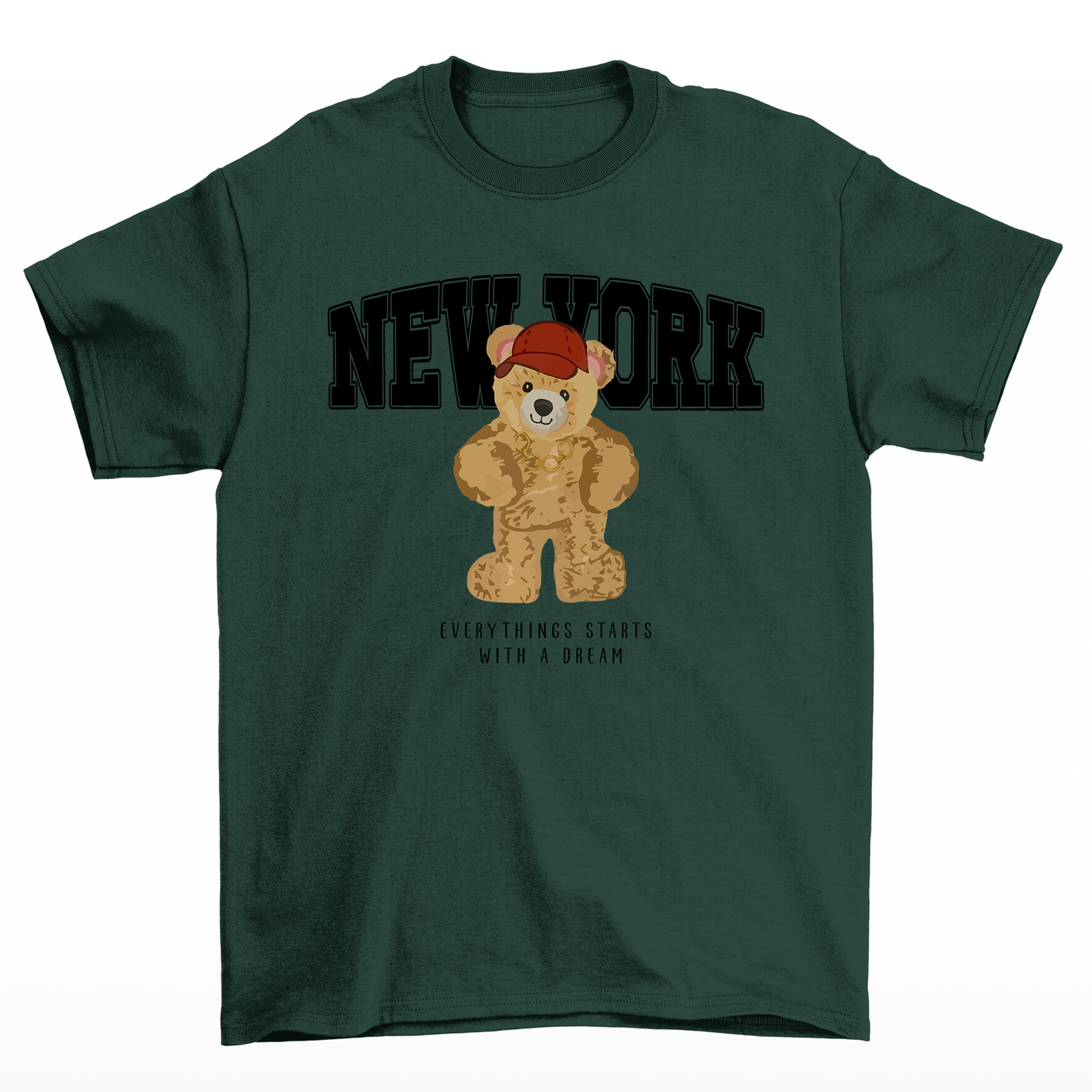 camiseta feminina verde com estampa ursinho new york