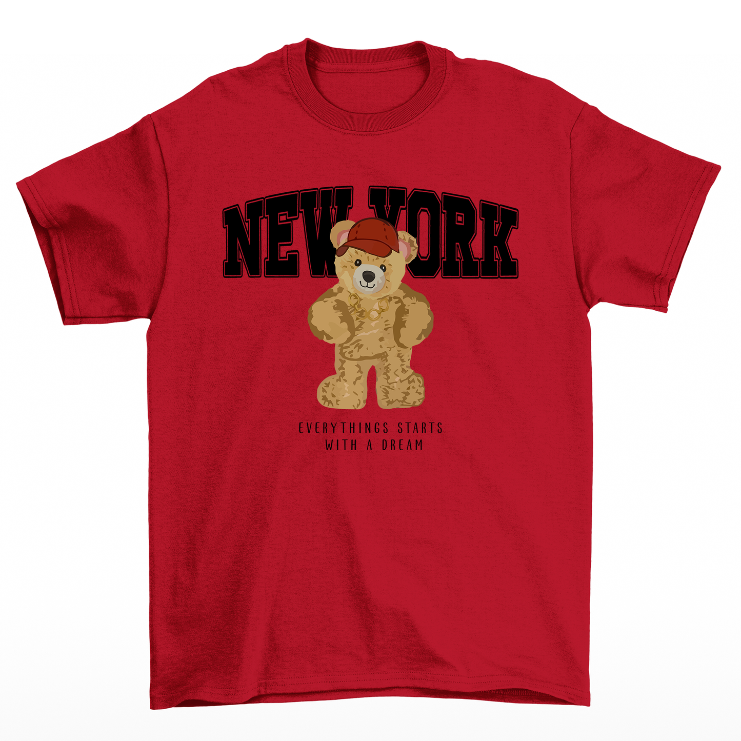 camiseta feminina vermelha com estampa ursinho new york