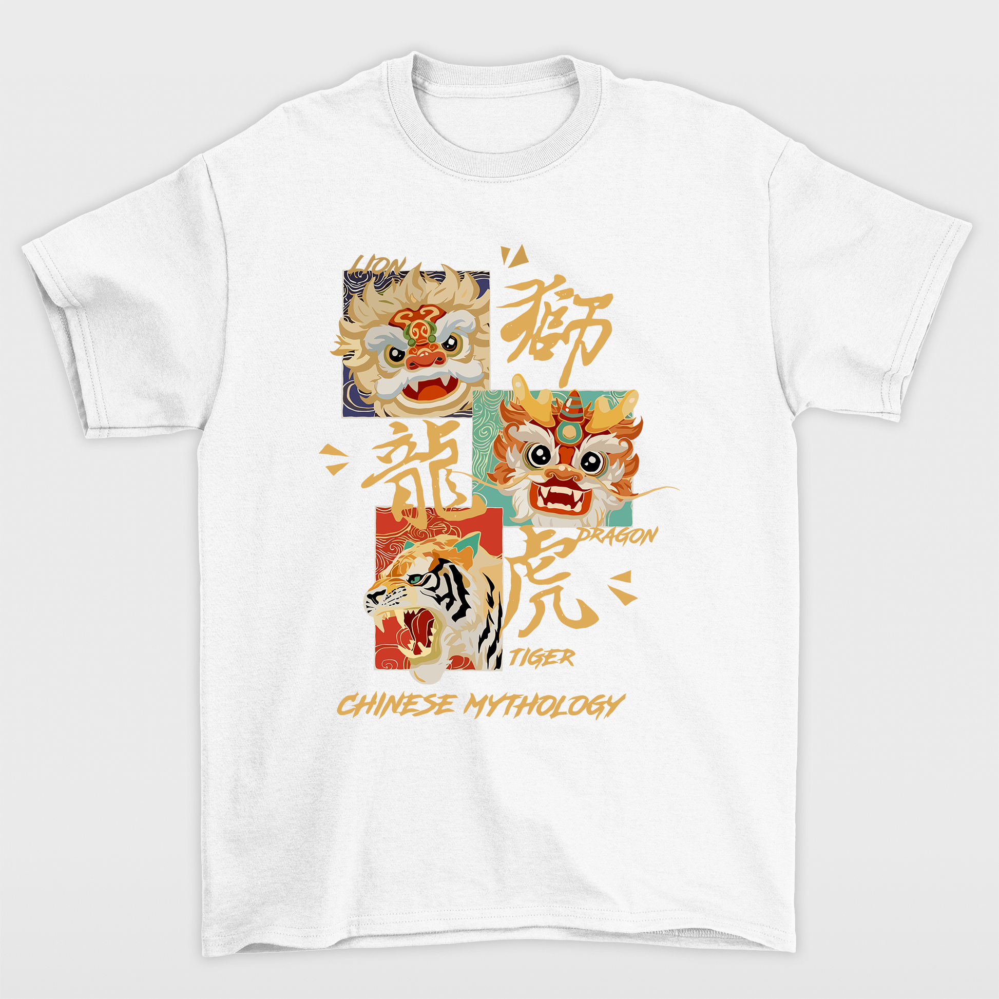 Camiseta Básica branca Unissex Tigre Leão E Dragão Mitologia