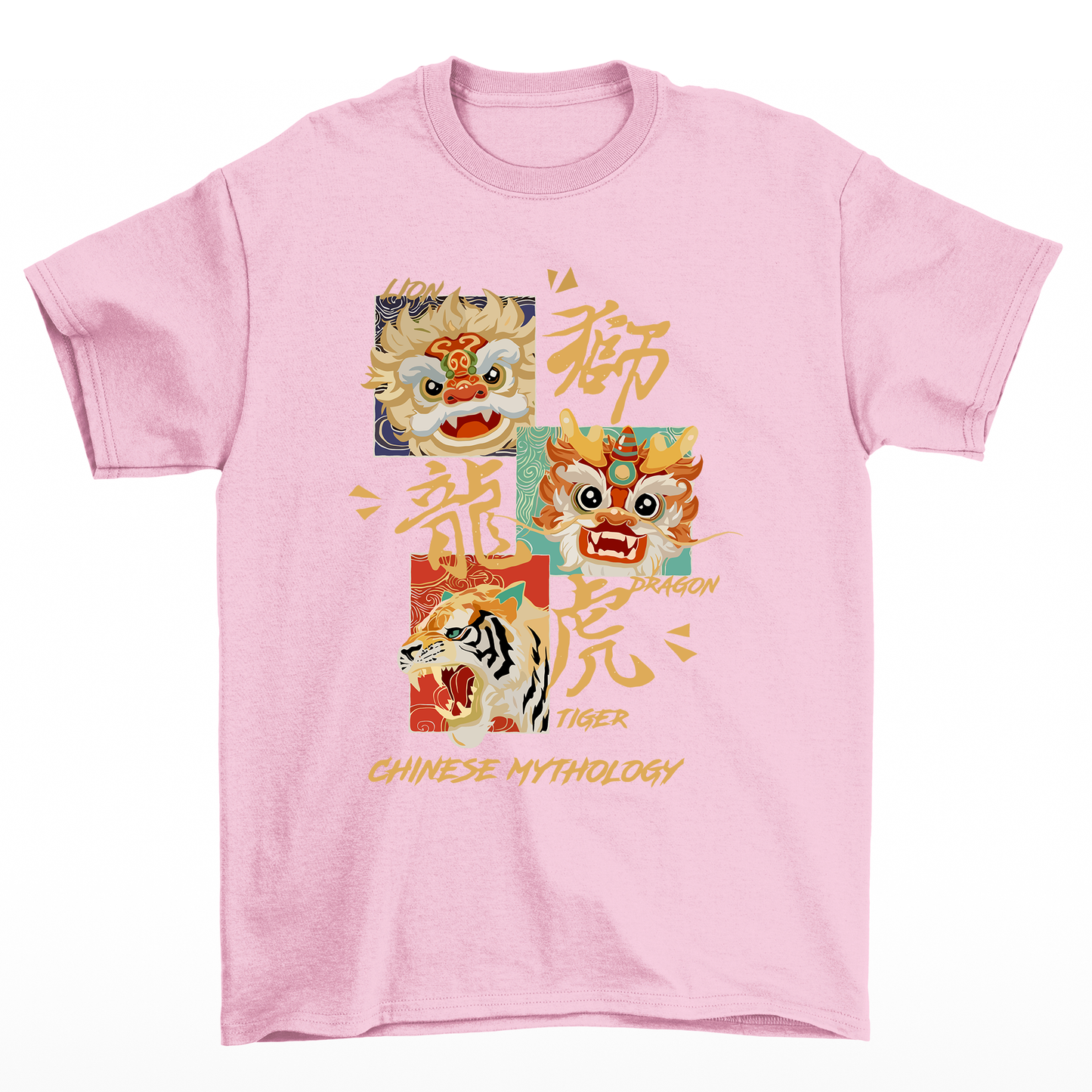 Camiseta Básica rosa Unissex Tigre Leão E Dragão Mitologia