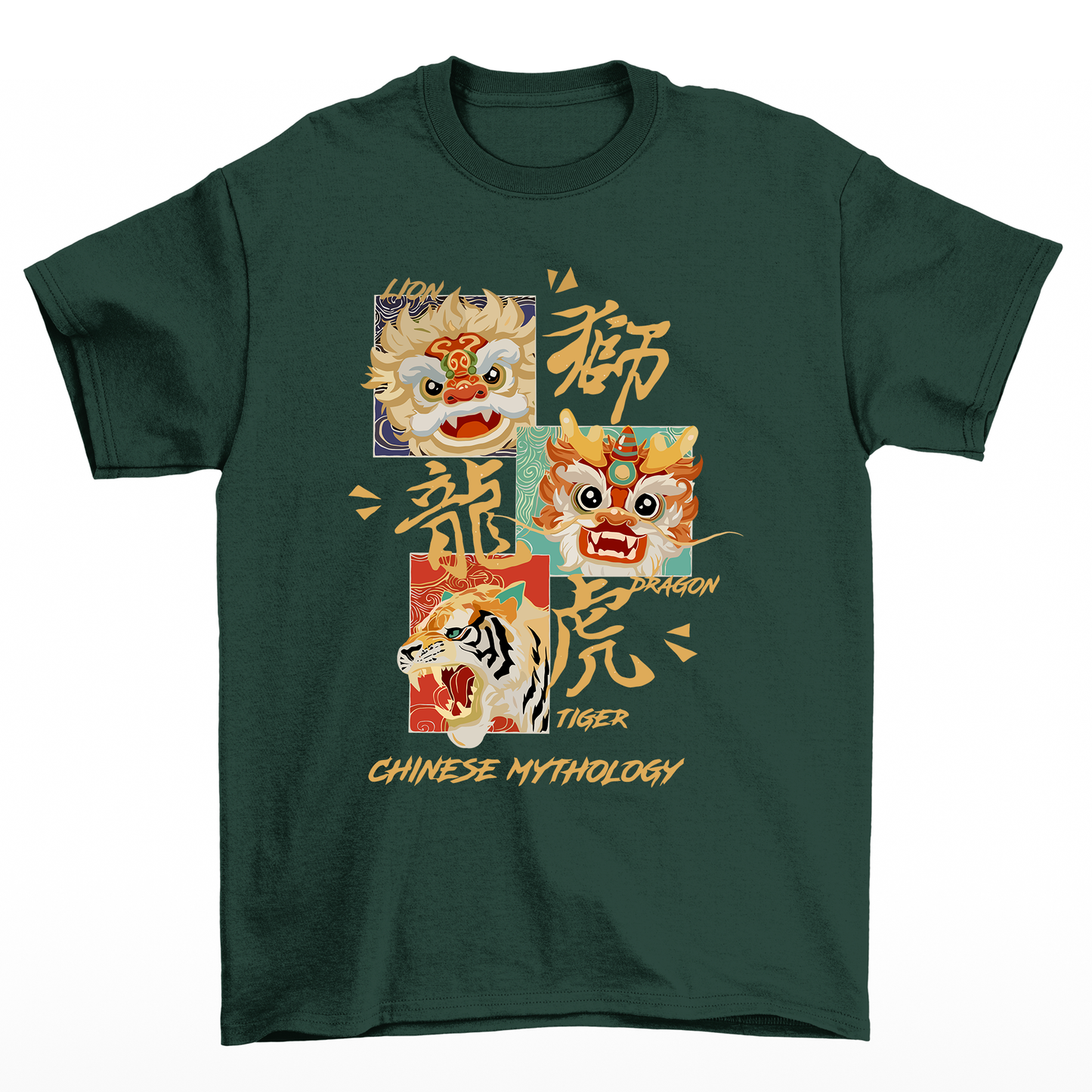 Camiseta Básica verde Unissex Tigre Leão E Dragão Mitologia