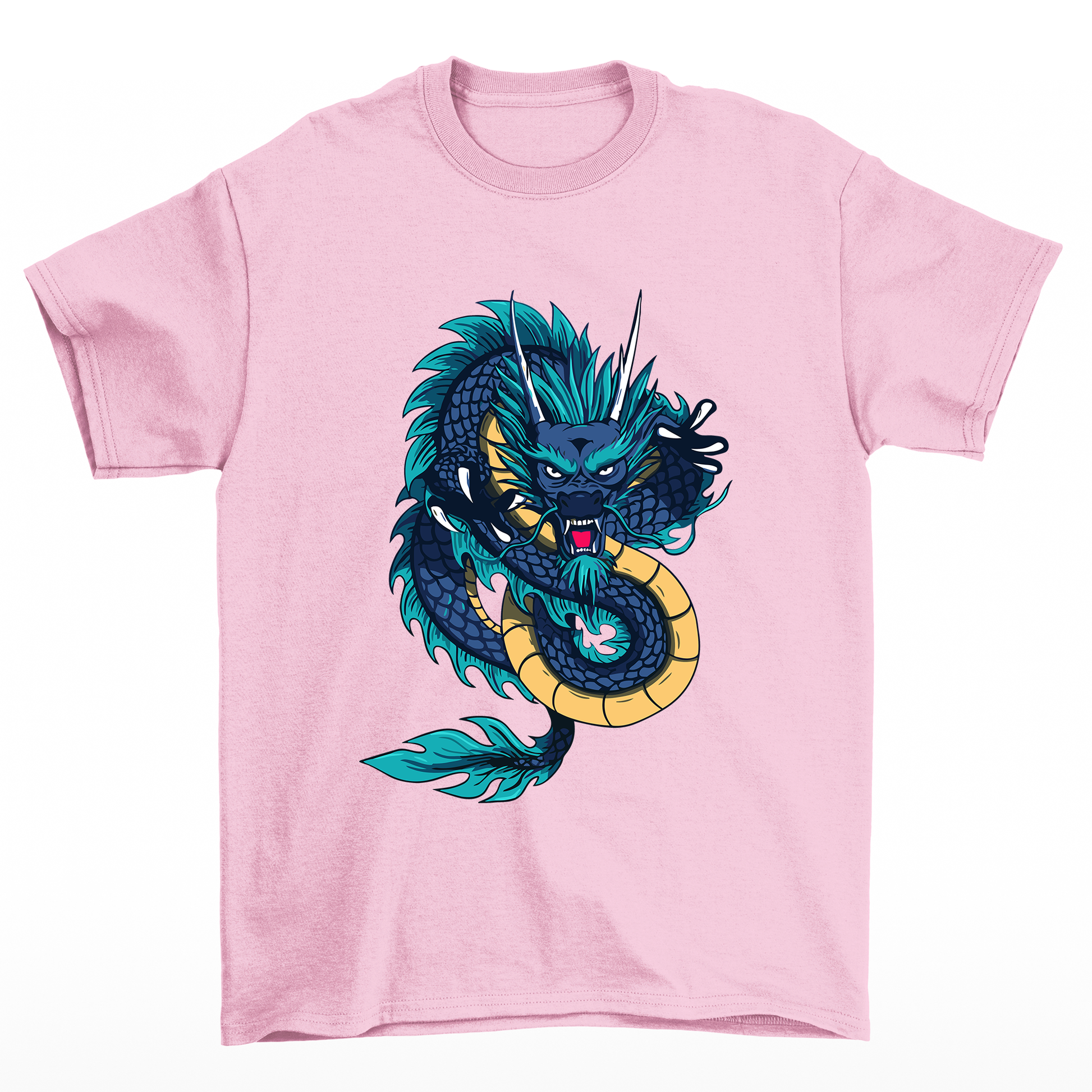 Camiseta streetwear básica rosa com estampa de dragão japones azul colorido