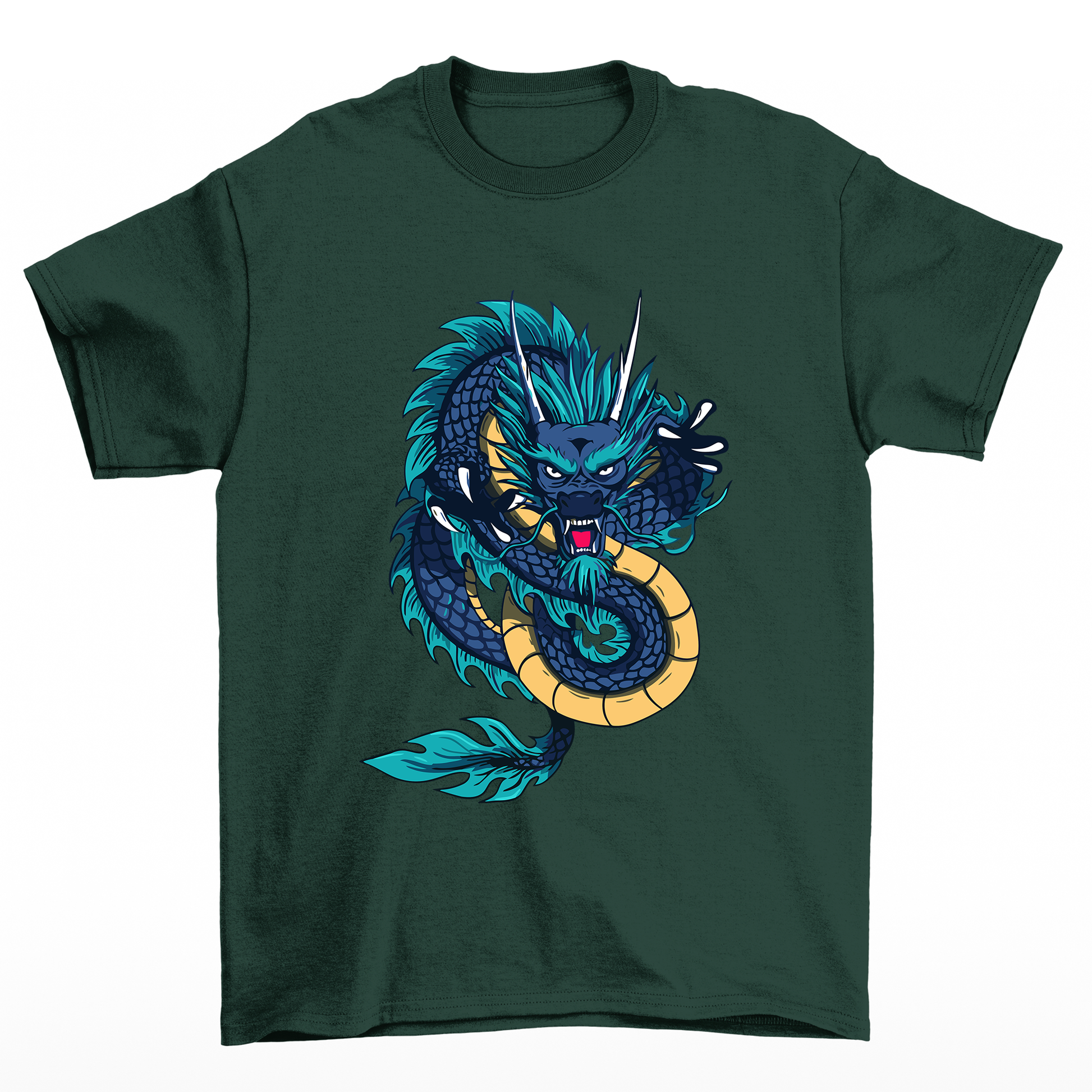 Camiseta streetwear básica verde com estampa de dragão japones azul colorido