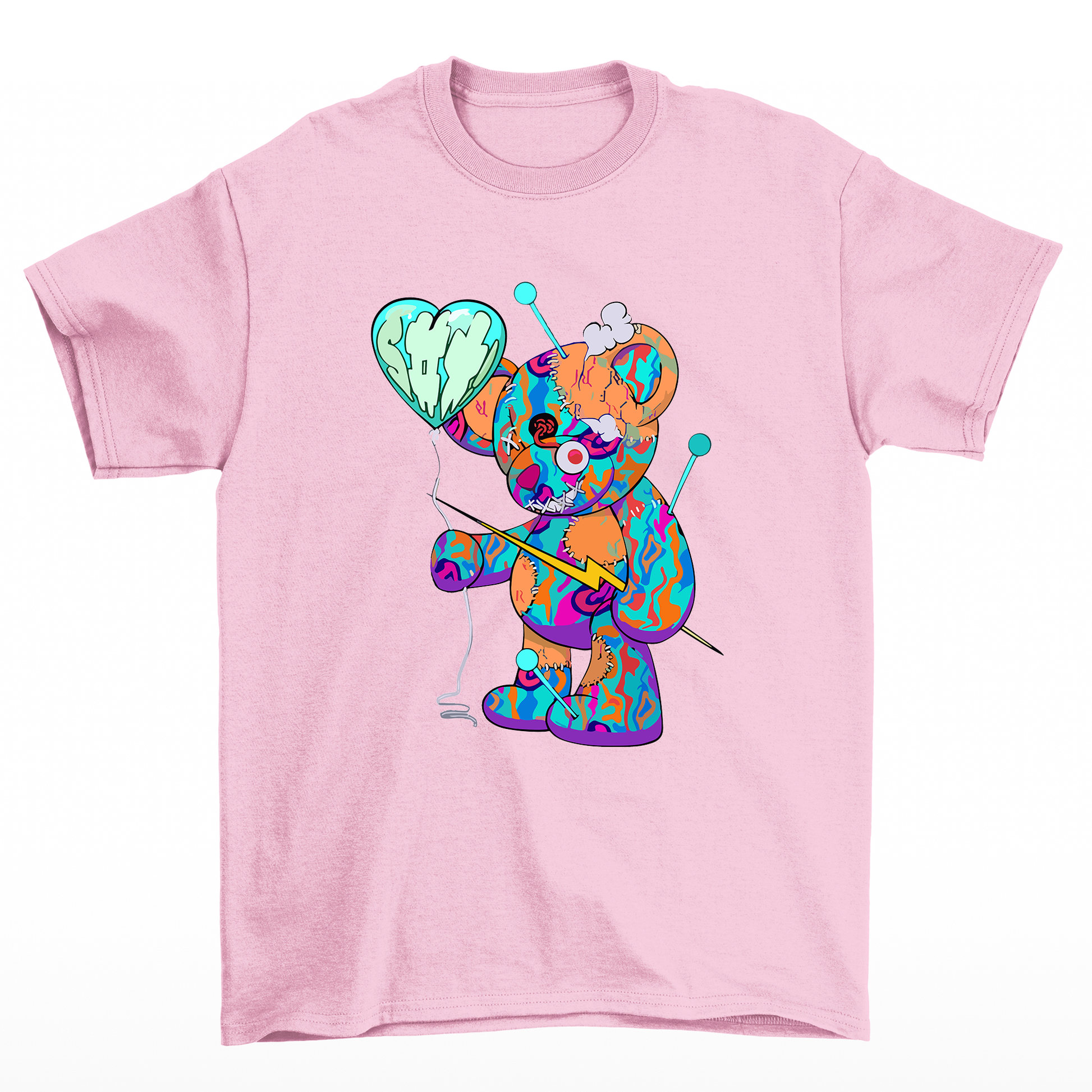 Camiseta Básica rosa bebê Unissex Com Estampa Ursinho Segurando Balão De Coração