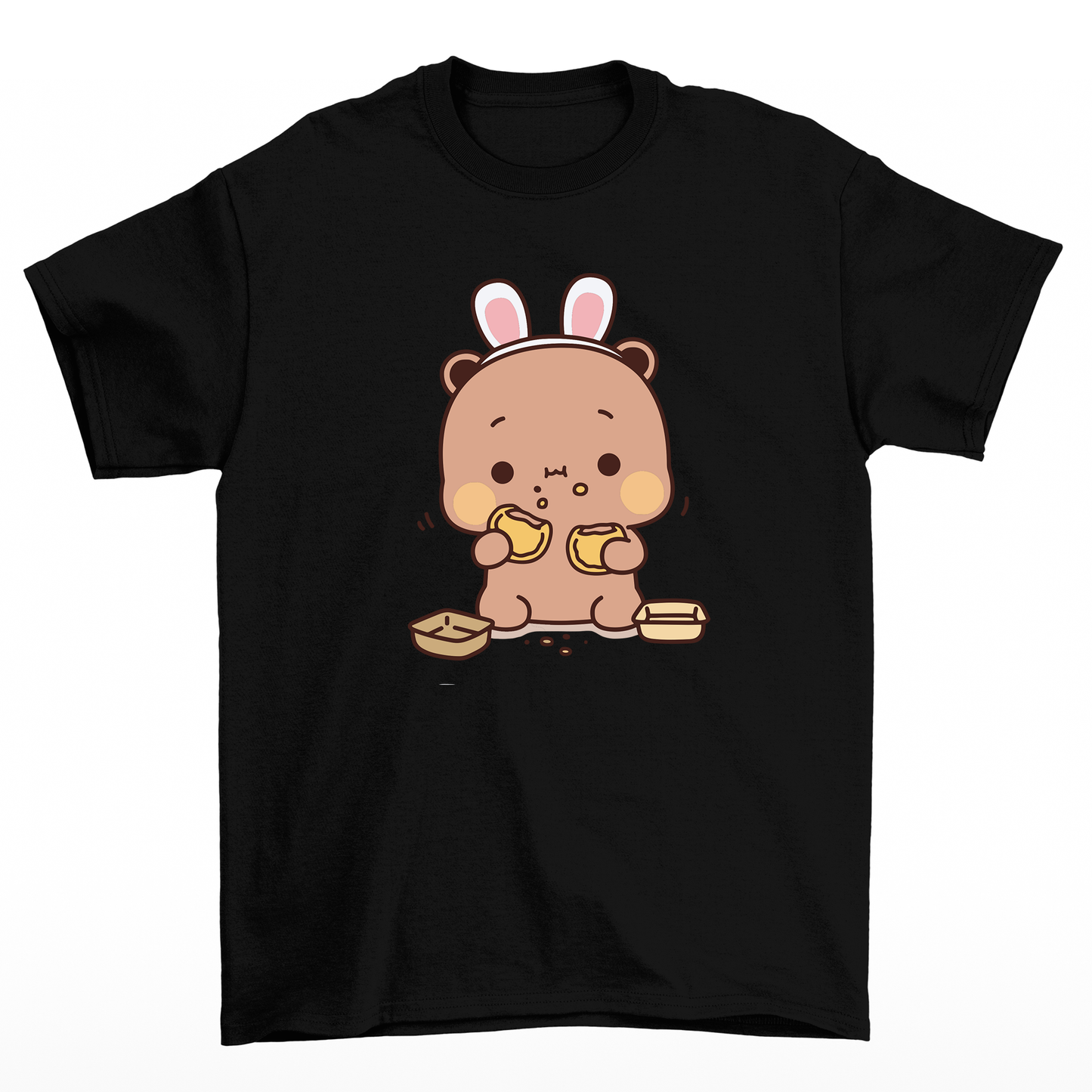 Camiseta básica preta com estampa Panda comendo - Preto