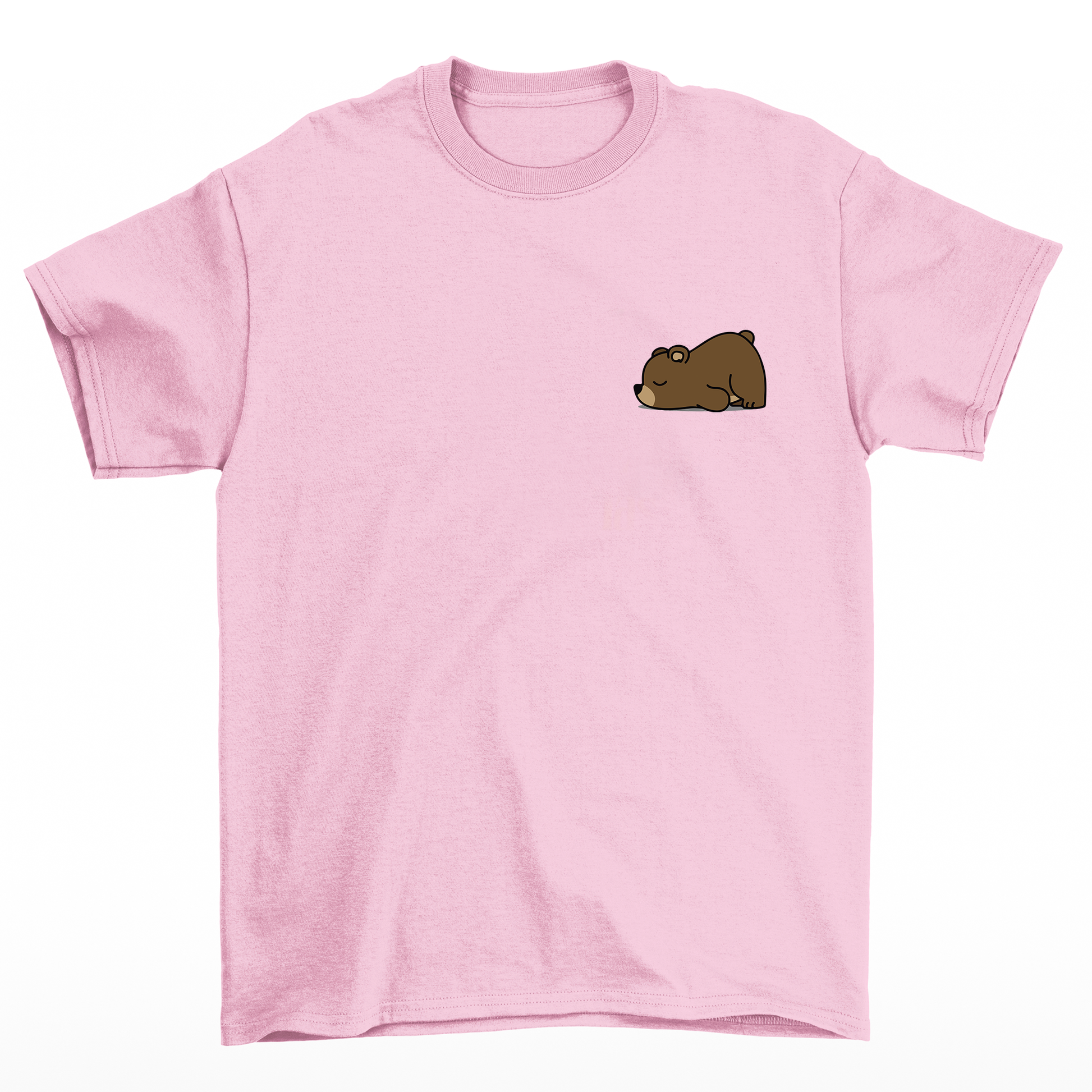 camiseta básica rosa bebê com estampa de urso dormindo 