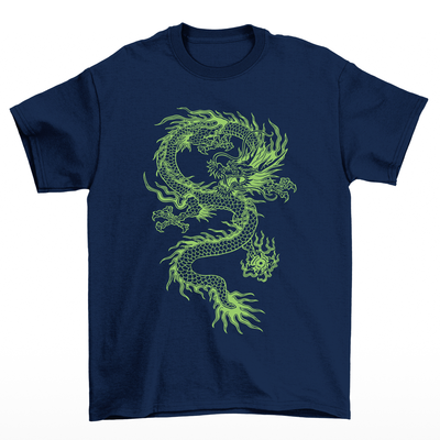 Camiseta streetwear feminina azul marinho com estampa dragão verde