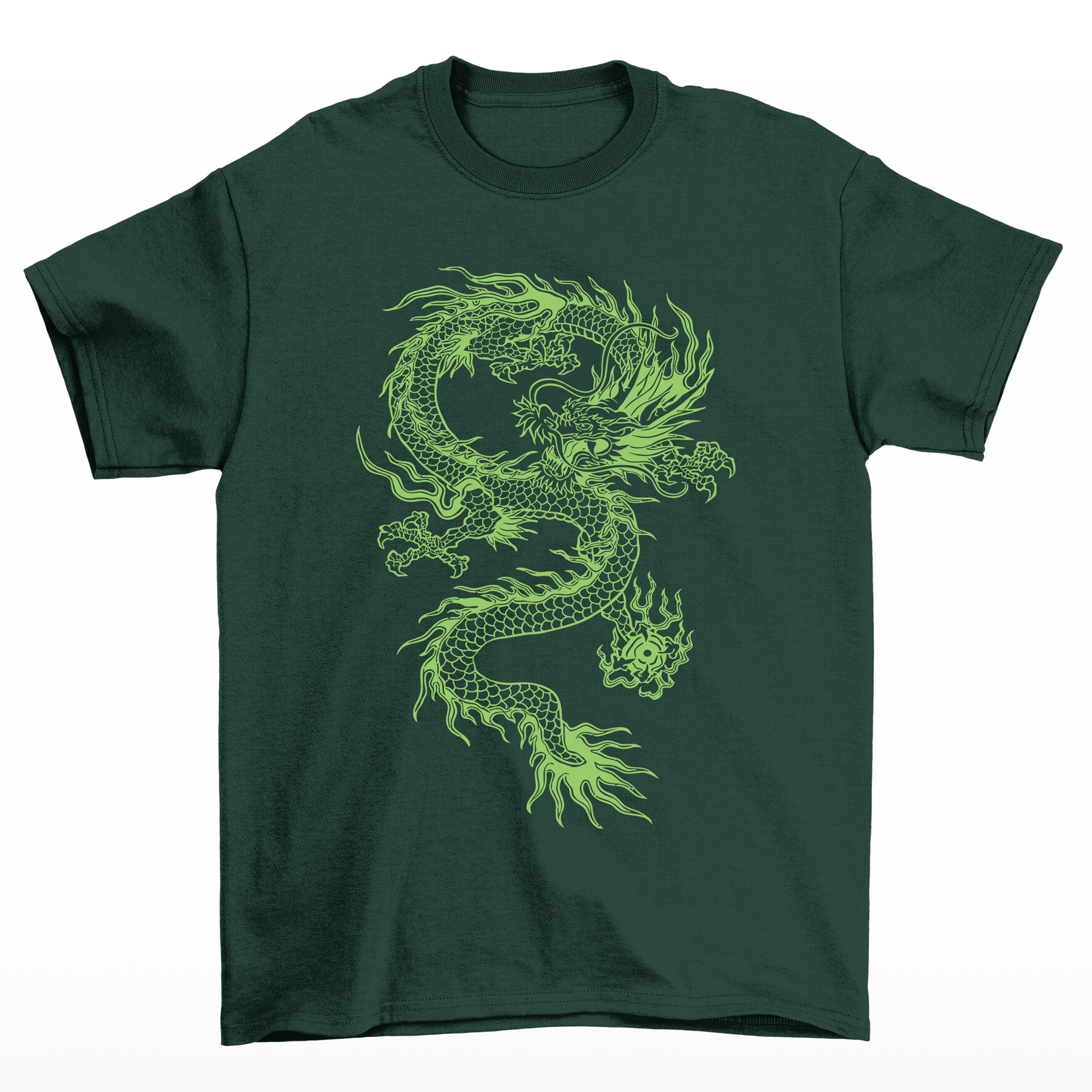 Camiseta streetwear feminina verde musgo com estampa dragão verde claro