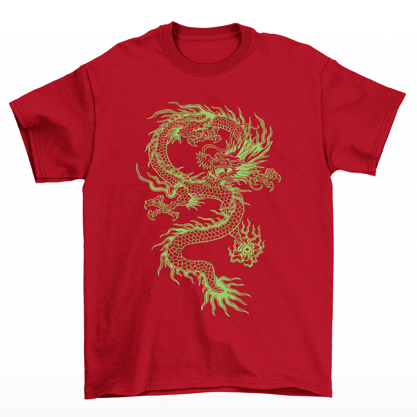 Camiseta streetwear feminina vermelho com estampa dragão verde