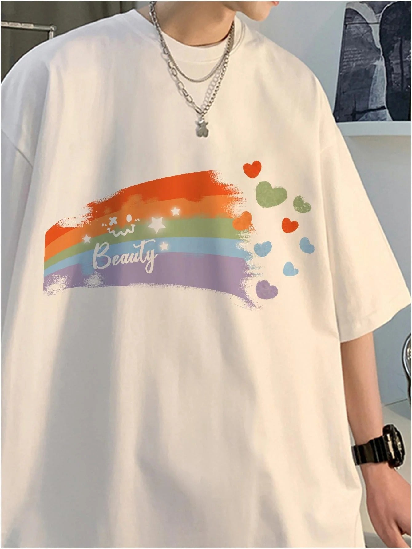 Camiseta Básica Unissex Com Estampa Arco-Íris Corações Coloridos