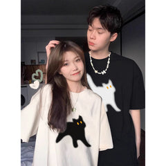 Camiseta Básica Casal Cute Black And White Cat