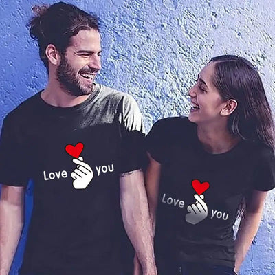 Camiseta Básica Casal Estampa Coração Coreano Amo Você